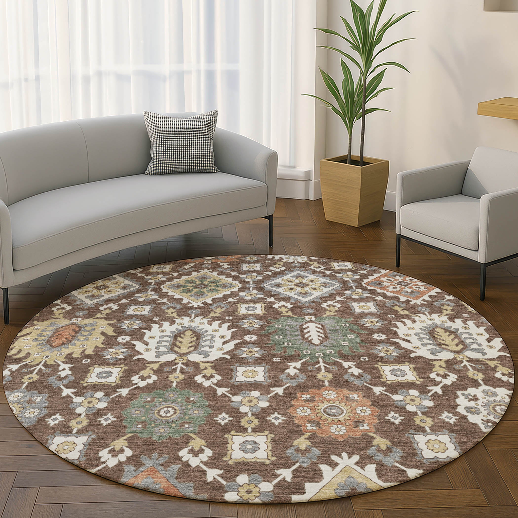 Bern Machine Washable Transitional Chocolate Brown Rug 8' x 8' #shape_Round
