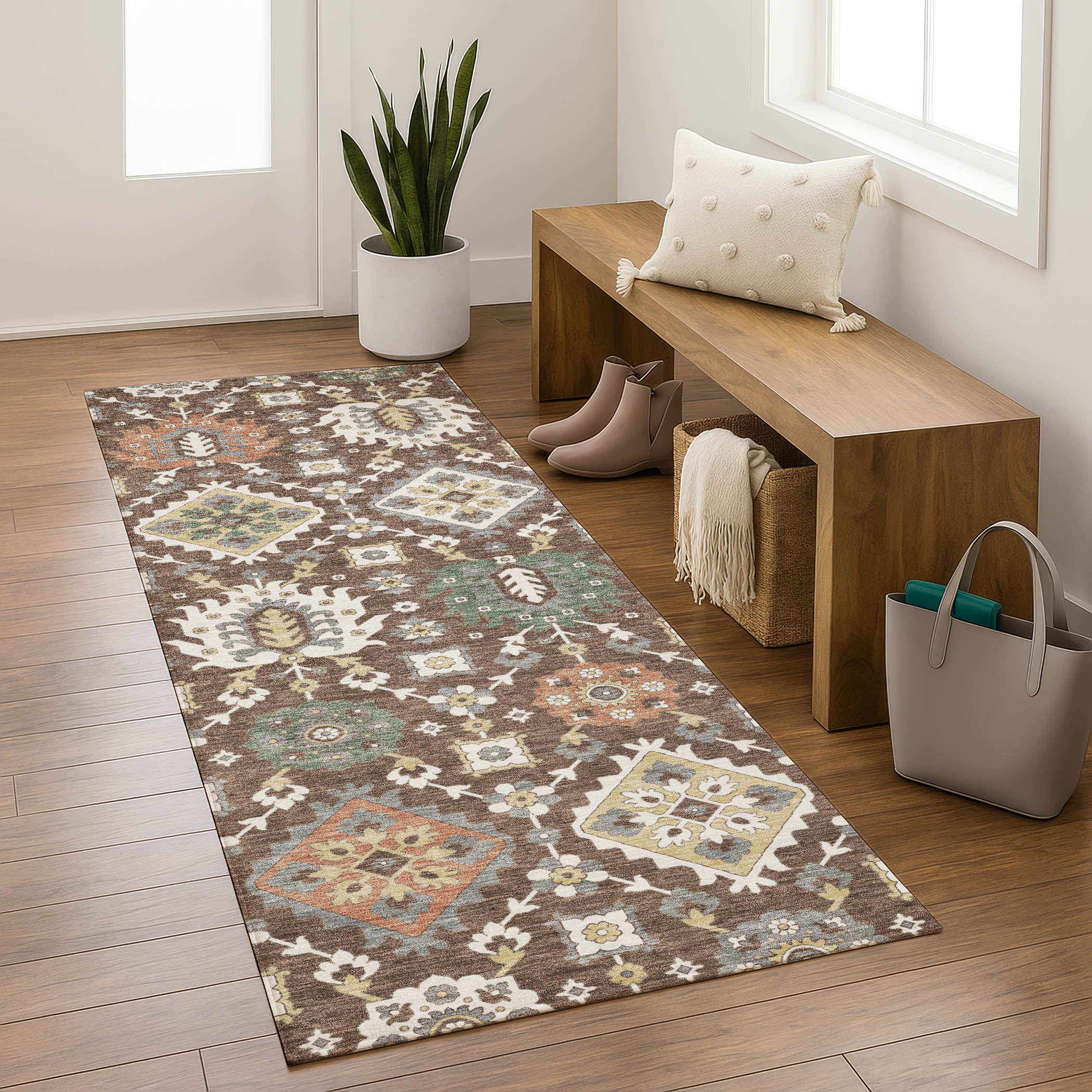 Bern Machine Washable Transitional Chocolate Brown Rug 2'3" x 7'6" #shape_Runner