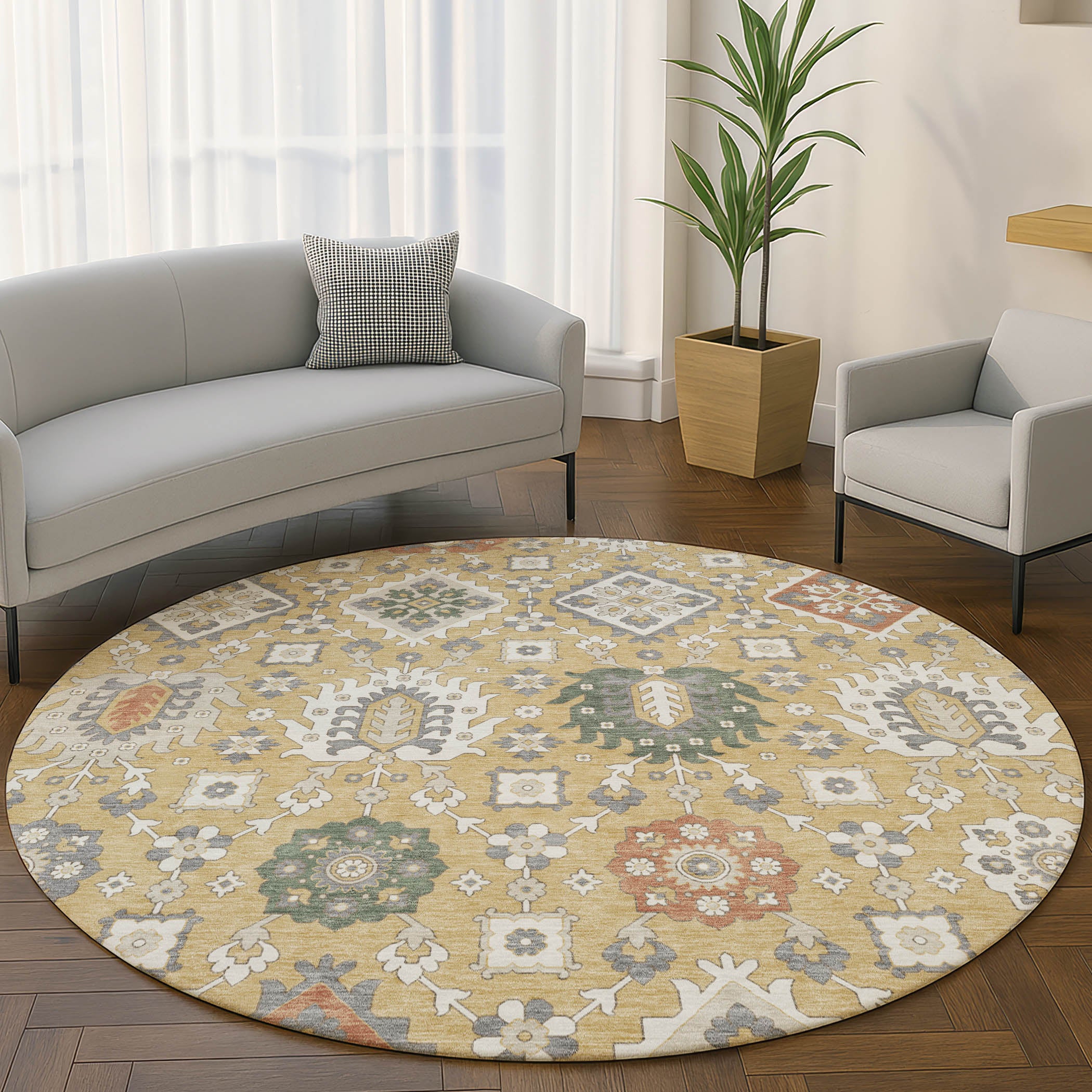 Bern Machine Washable Transitional Gold Rug 8' x 8' #shape_Round