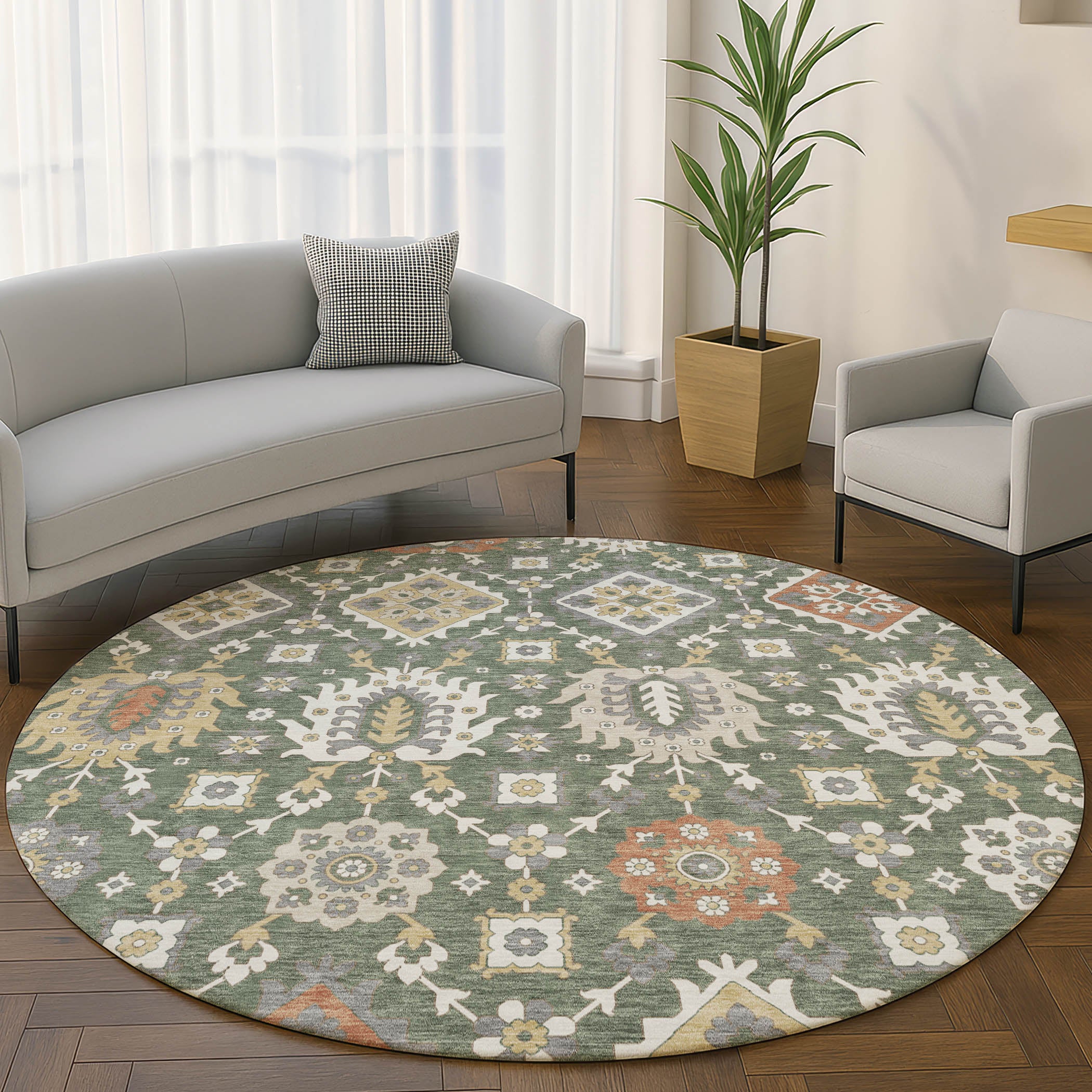Bern Machine Washable Transitional Green Rug 8' x 8' #shape_Round