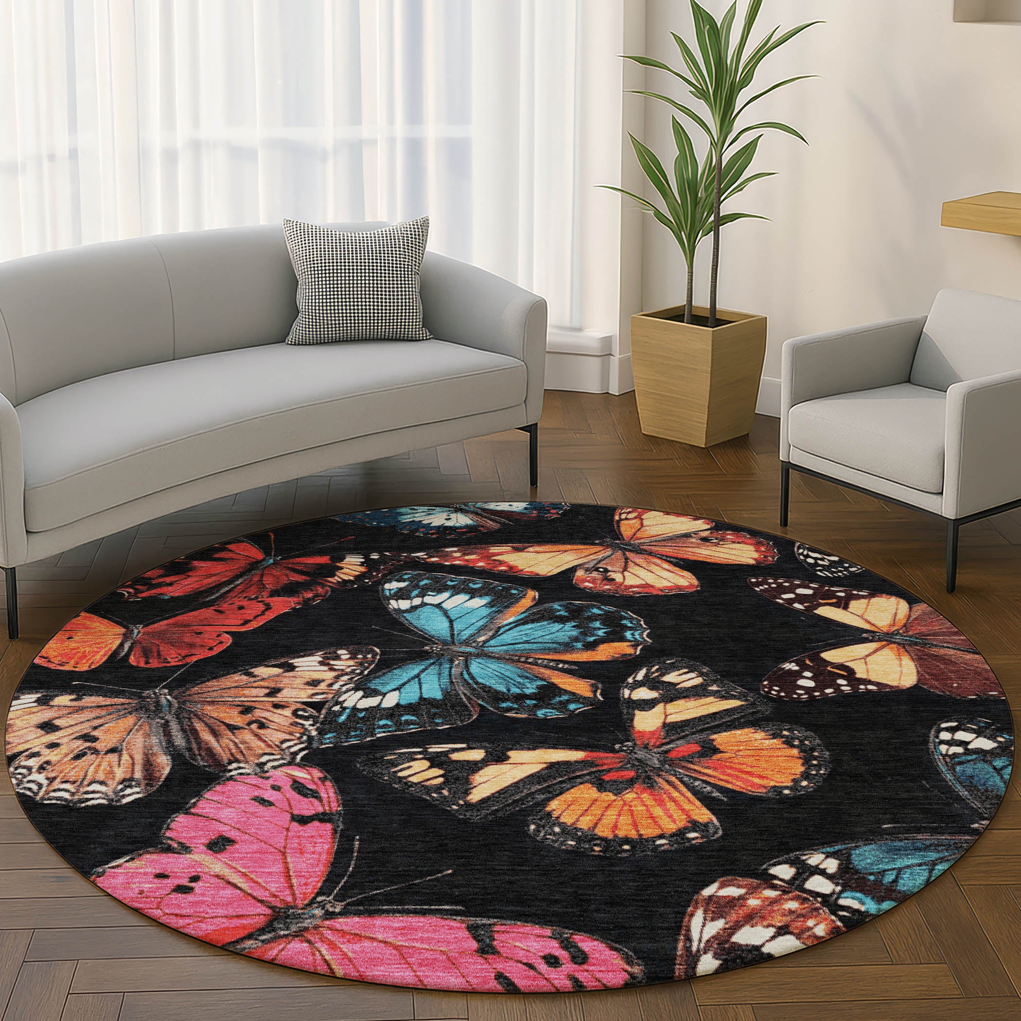 Marrakech Machine Washable Transitional Black Rug 8' x 8' #shape_Round