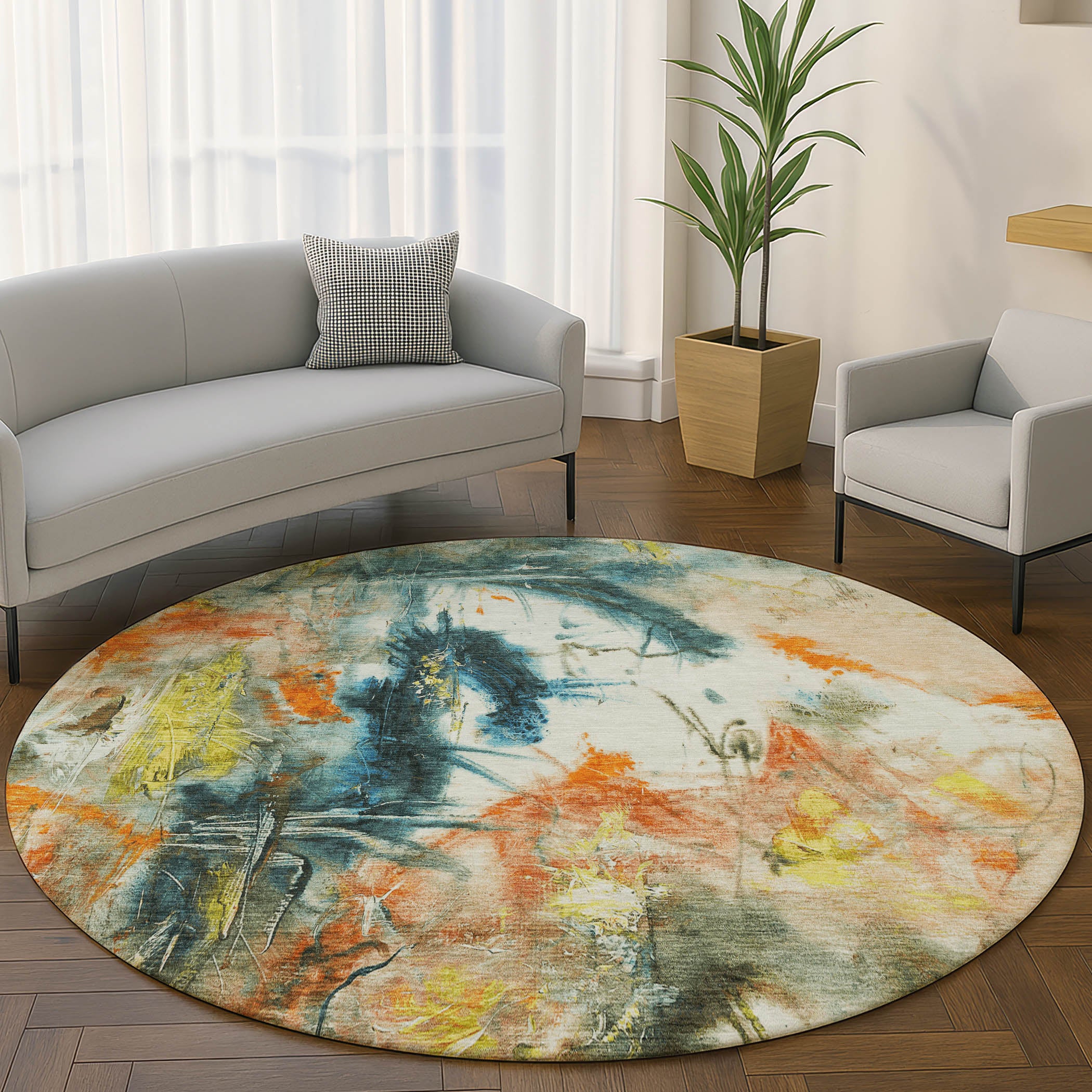 Antigua Machine Washable Transitional Sage Green Rug 8' x 8' #shape_Round