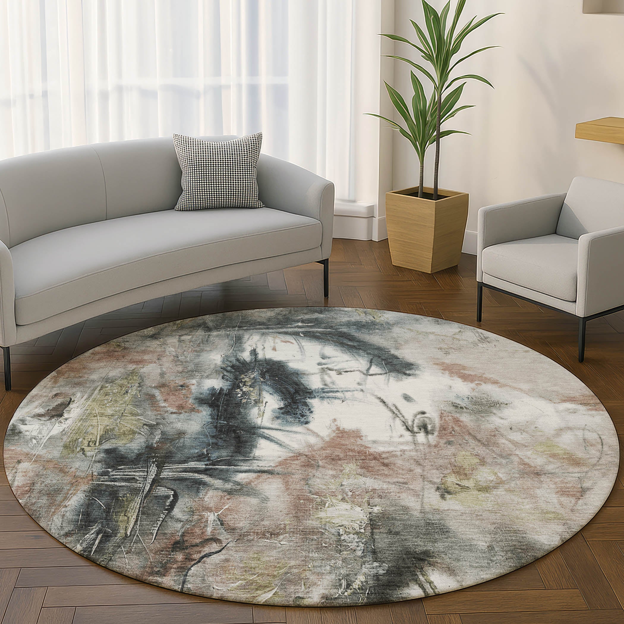Antigua Machine Washable Transitional Taupe Brown Rug 8' x 8' #shape_Round