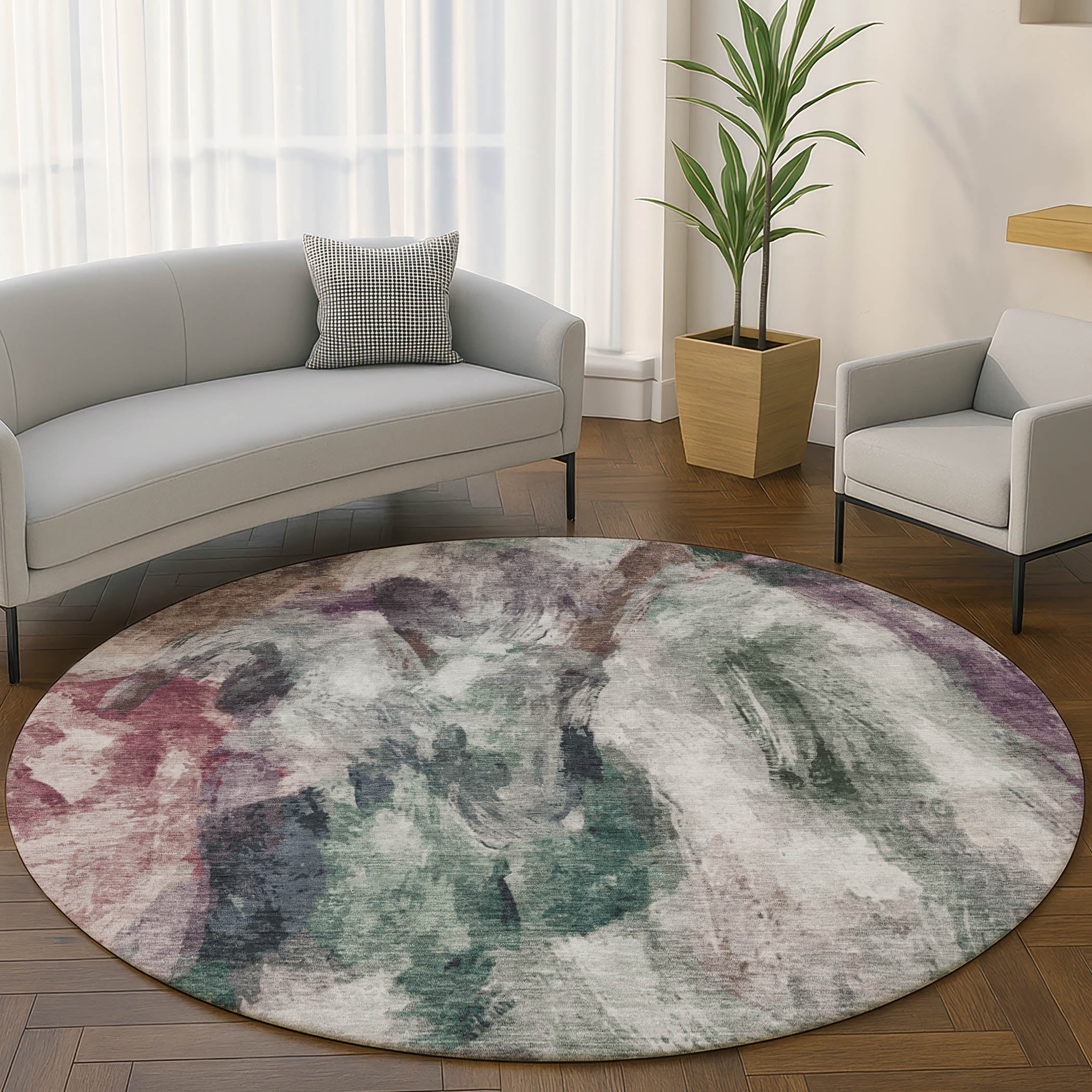 Oslo Machine Washable Transitional Green Rug 8' x 8' #shape_Round