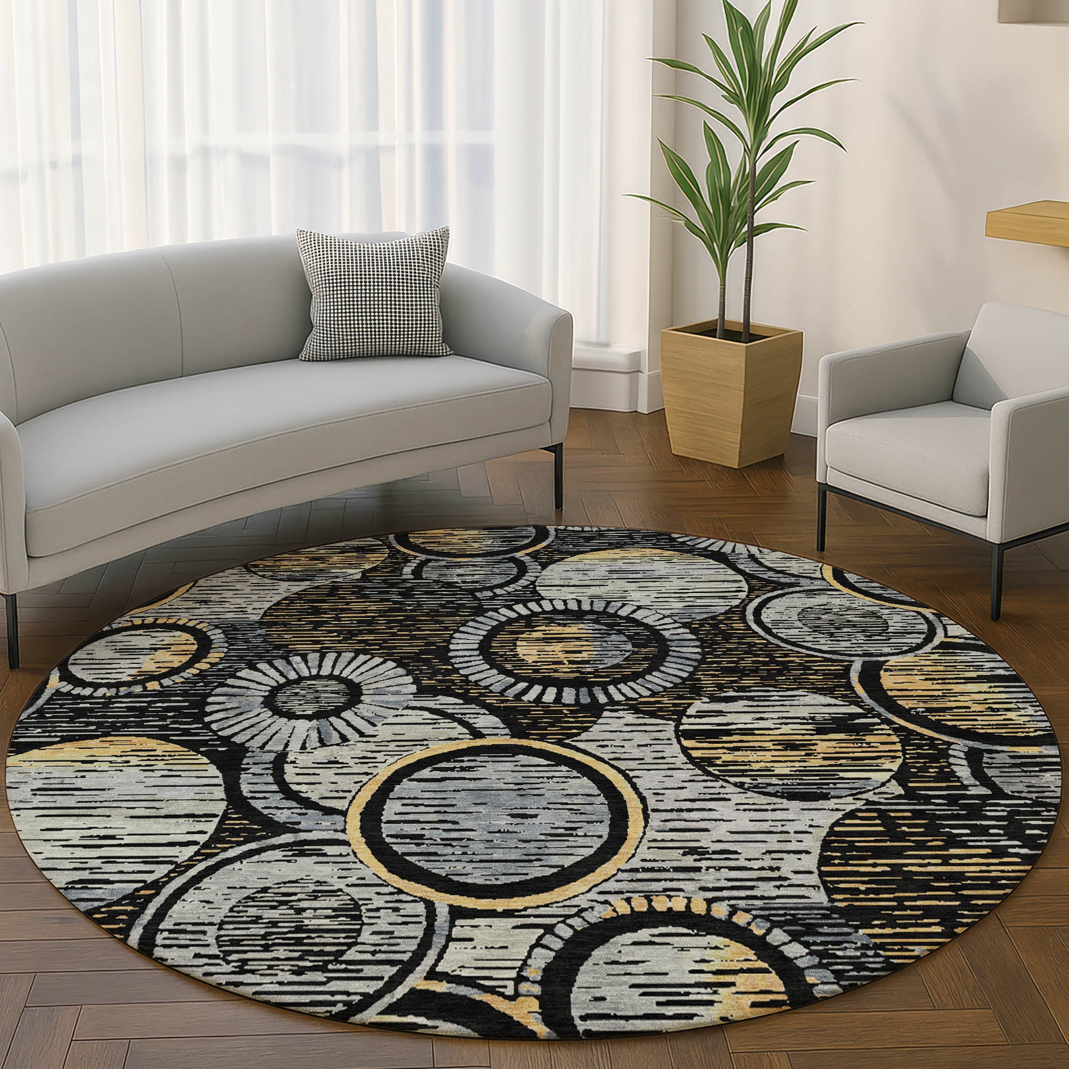 Vienna Machine Washable Transitional Black Rug 8' x 8' #shape_Round