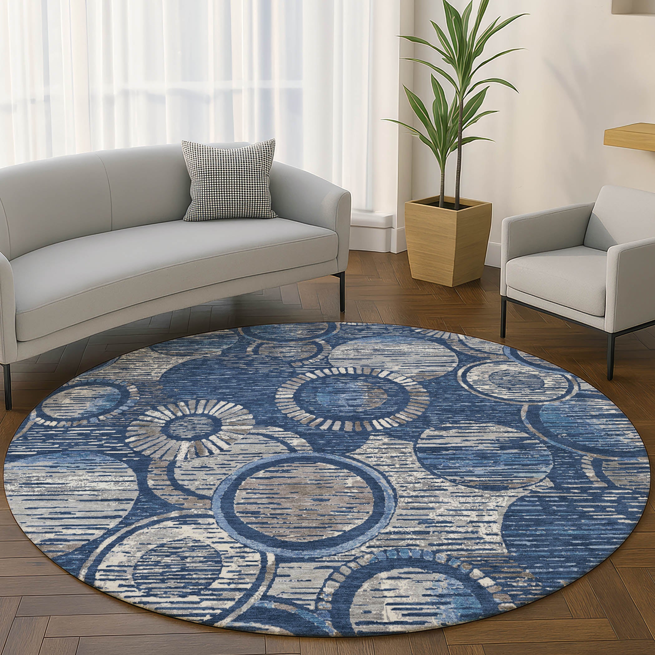 Vienna Machine Washable Transitional Navy Blue Rug 8' x 8' #shape_Round