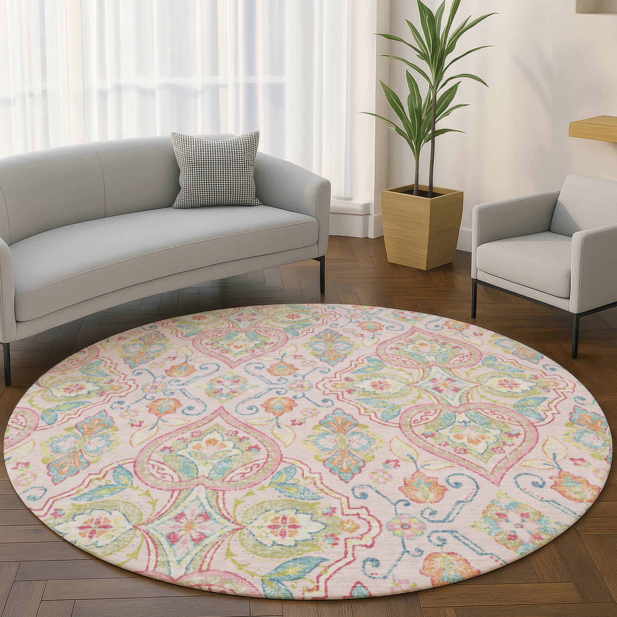 Sintra Machine Washable Transitional Pink Rug 8' x 8' #shape_Round