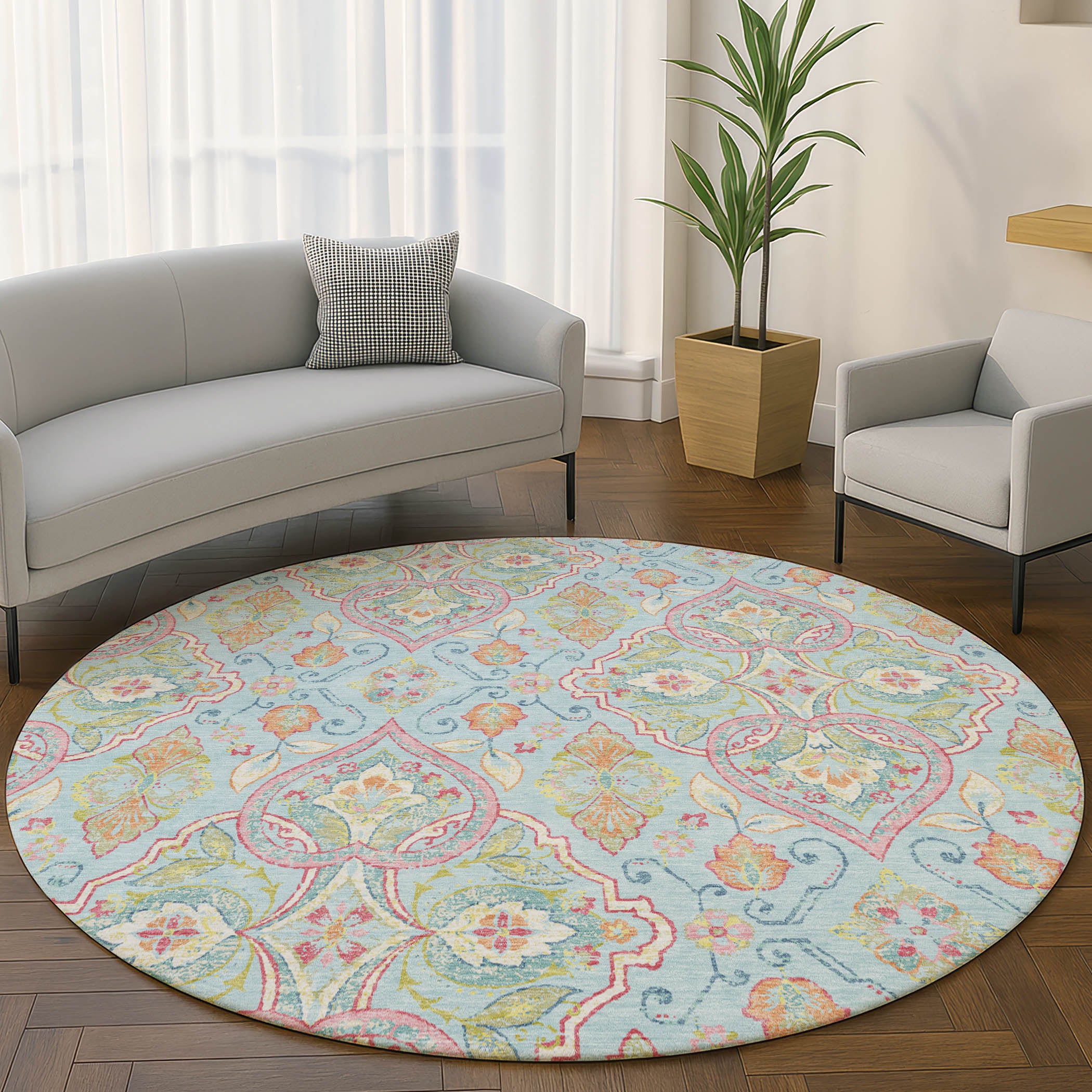 Sintra Machine Washable Transitional Sky Blue Rug 8' x 8' #shape_Round