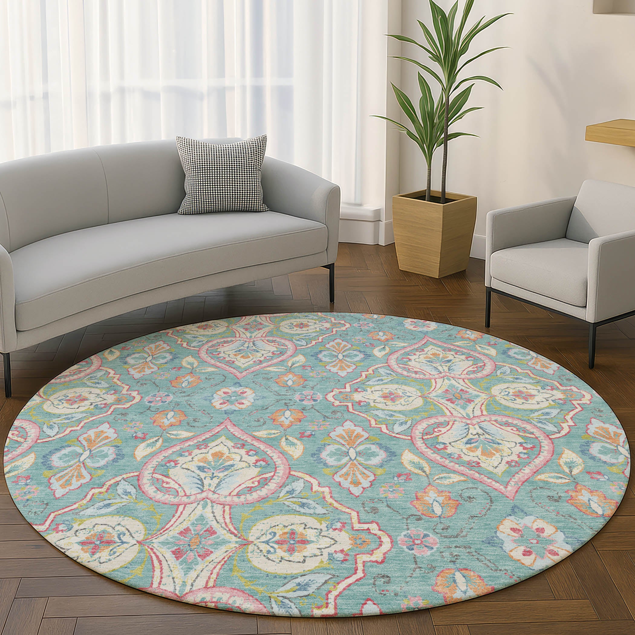 Sintra Machine Washable Transitional Spa Blue Rug 8' x 8' #shape_Round