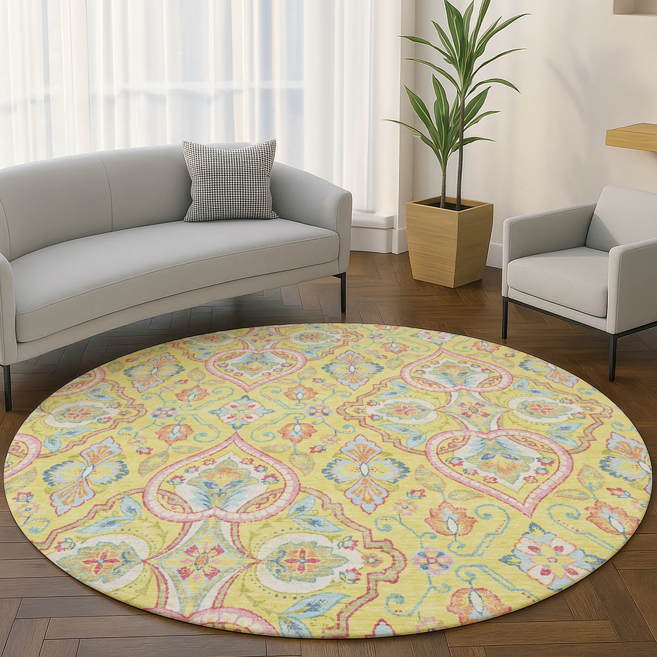 Sintra Machine Washable Transitional Yellow Gold Rug 8' x 8' #shape_Round