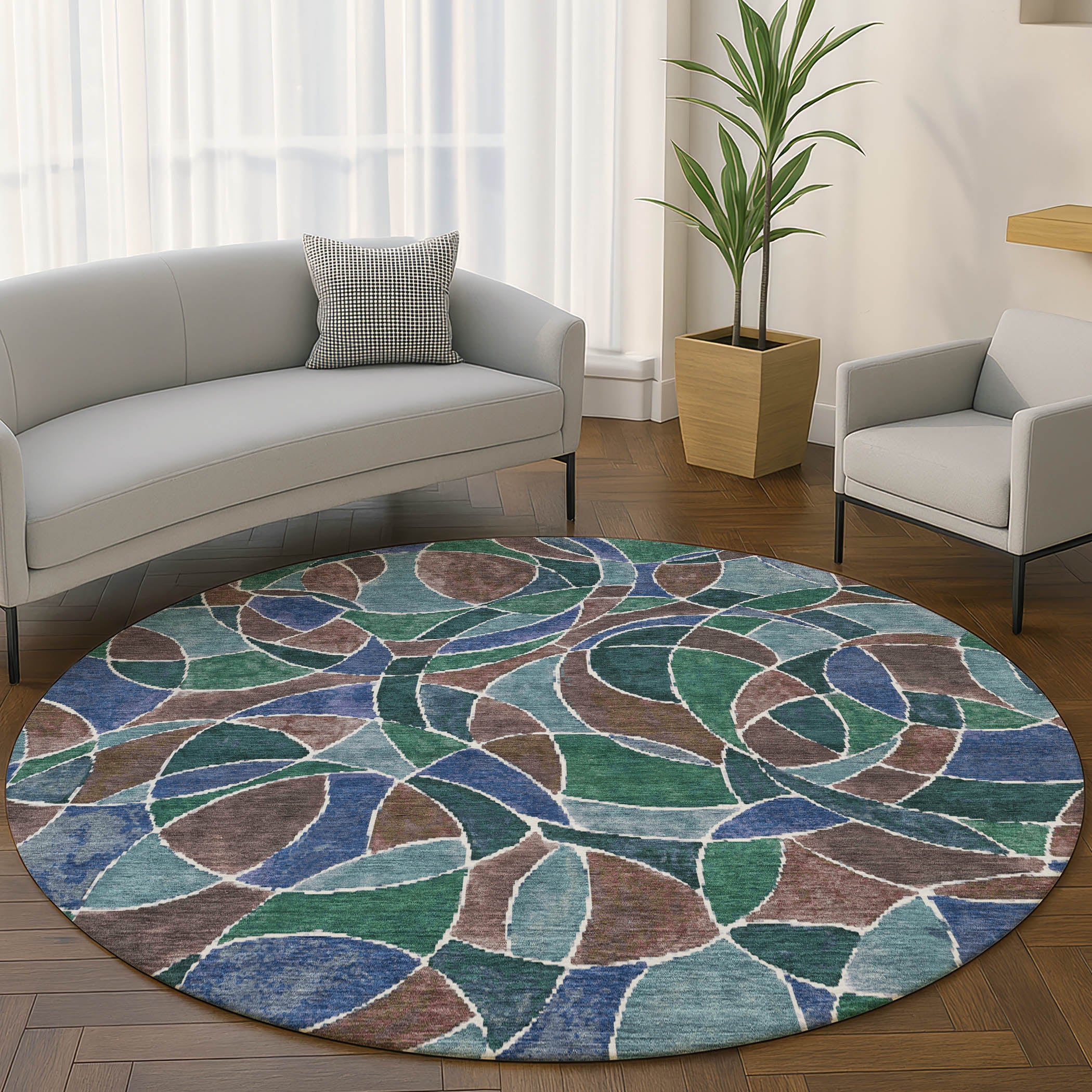 Split Machine Washable Transitional Blue Rug 8' x 8' #shape_Round