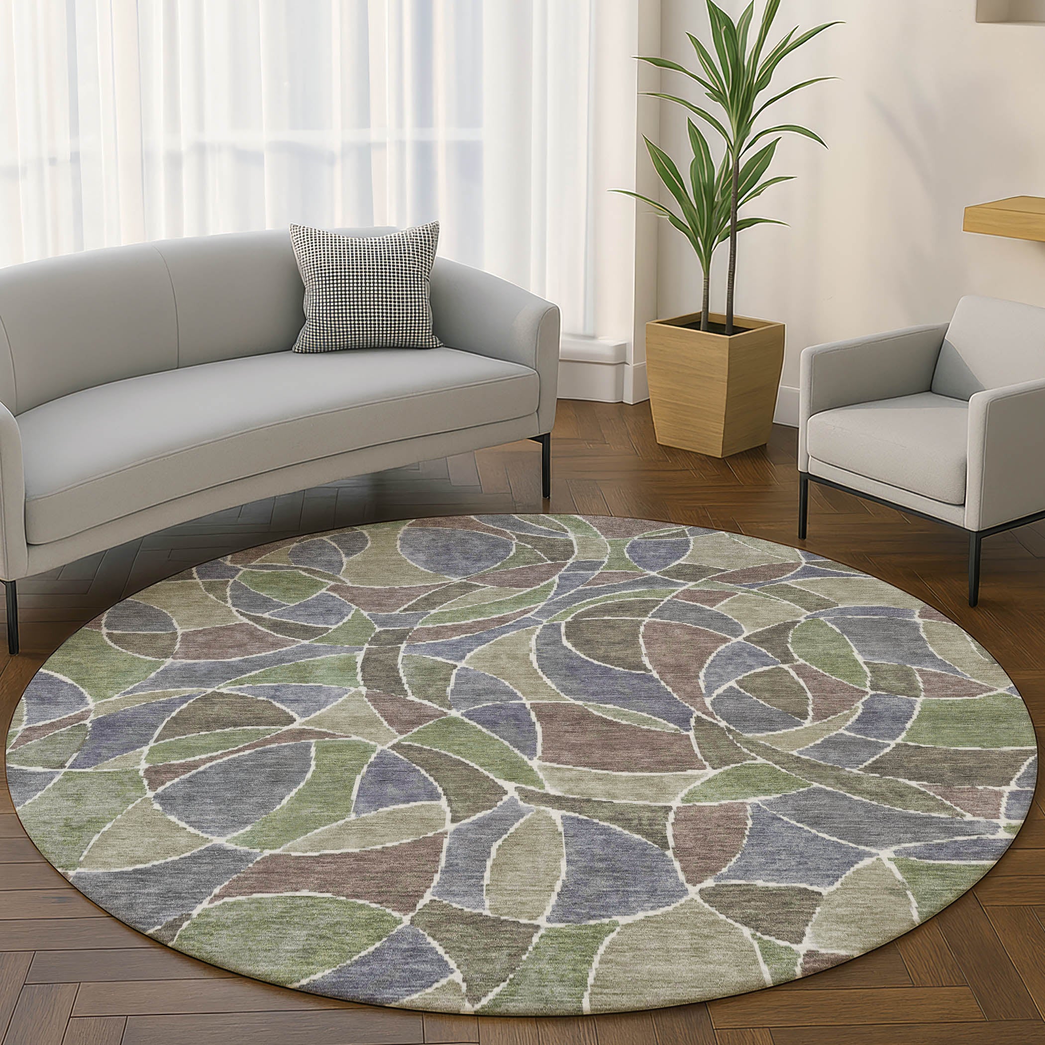 Split Machine Washable Transitional Green Rug 8' x 8' #shape_Round