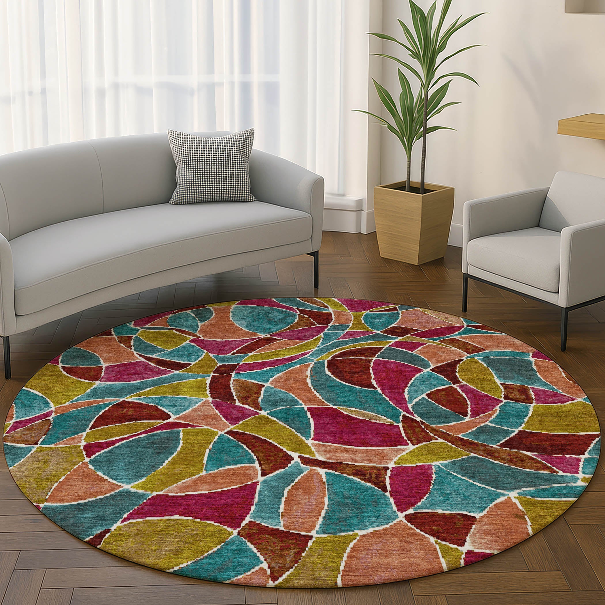 Split Machine Washable Transitional Merlot Red Rug 8' x 8' #shape_Round