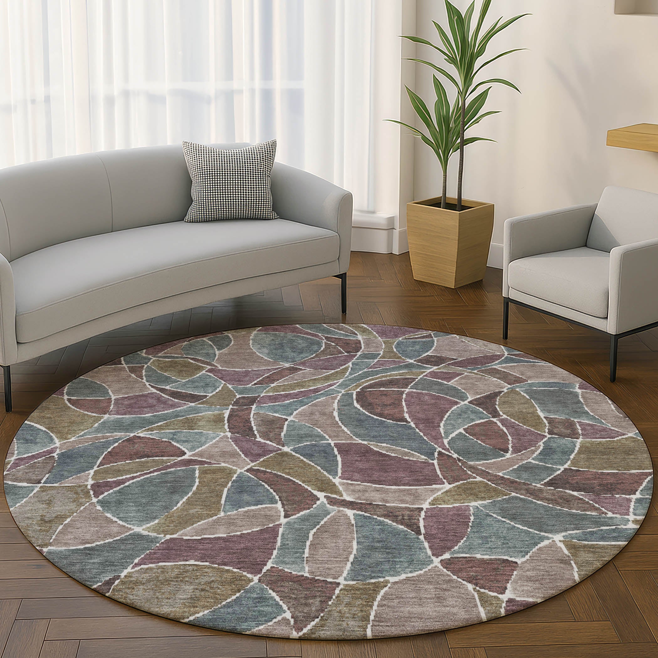 Split Machine Washable Transitional Plum Purple Rug 8' x 8' #shape_Round