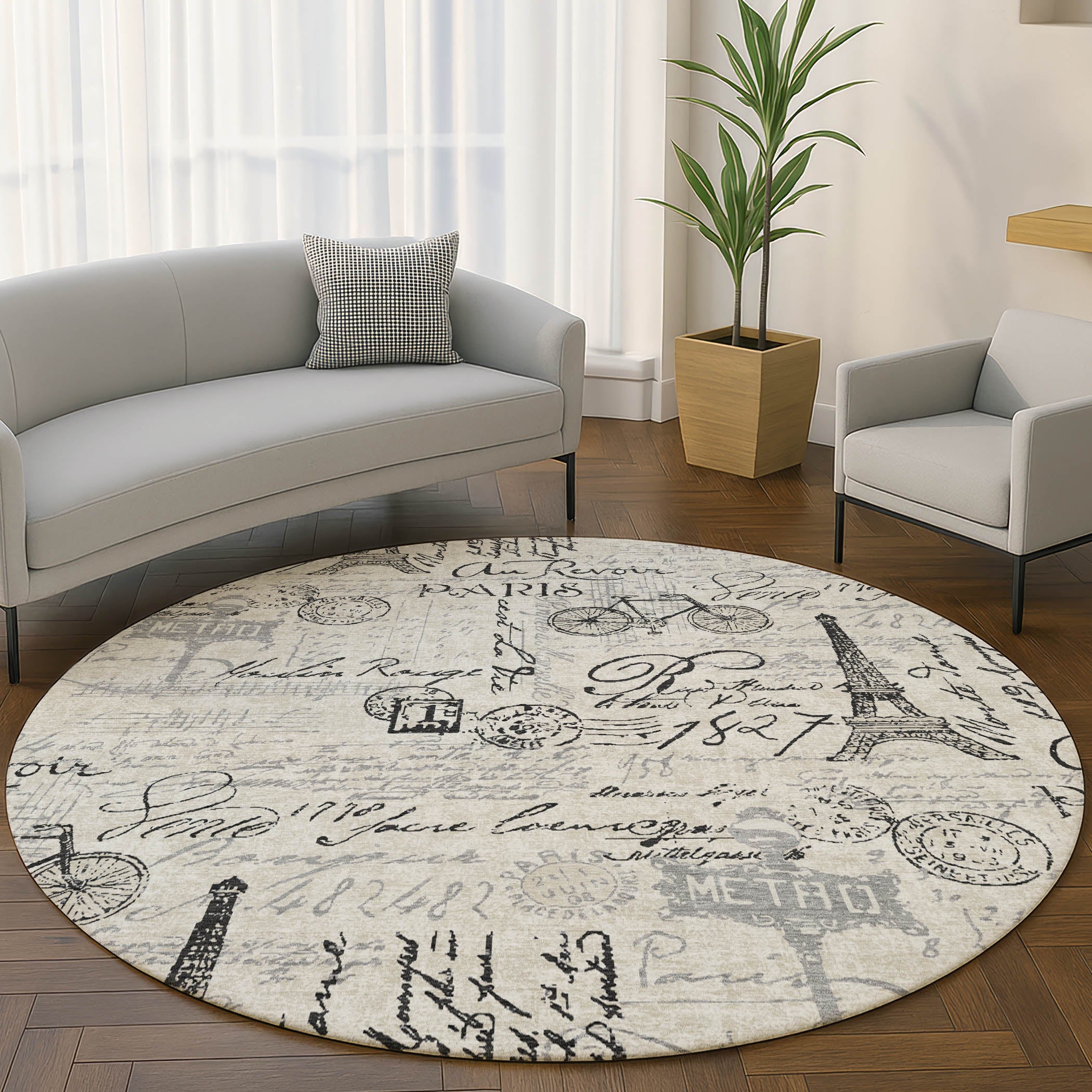 Seville Machine Washable Transitional Beige Brown Rug 8' x 8' #shape_Round