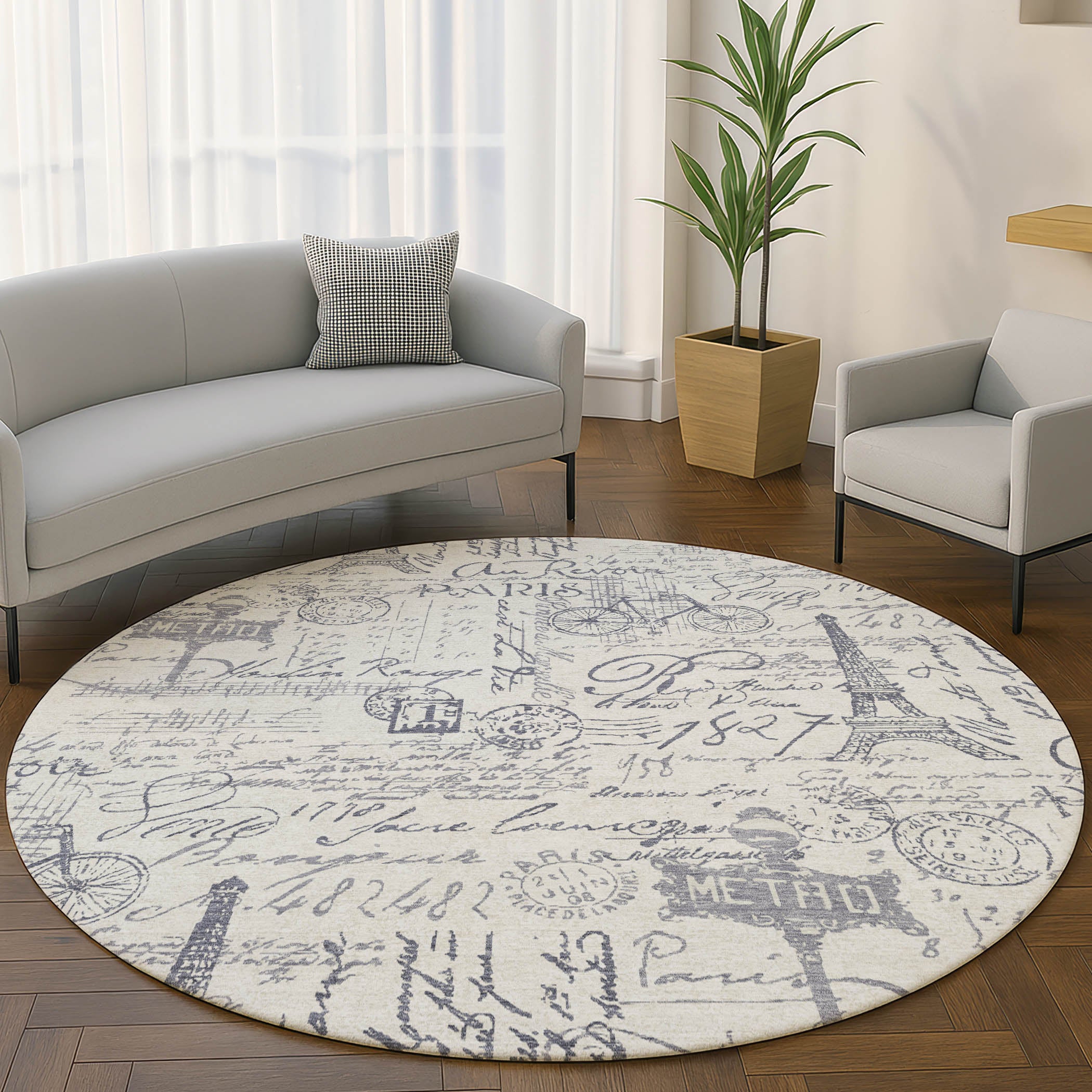 Seville Machine Washable Transitional Ivory Rug 8' x 8' #shape_Round