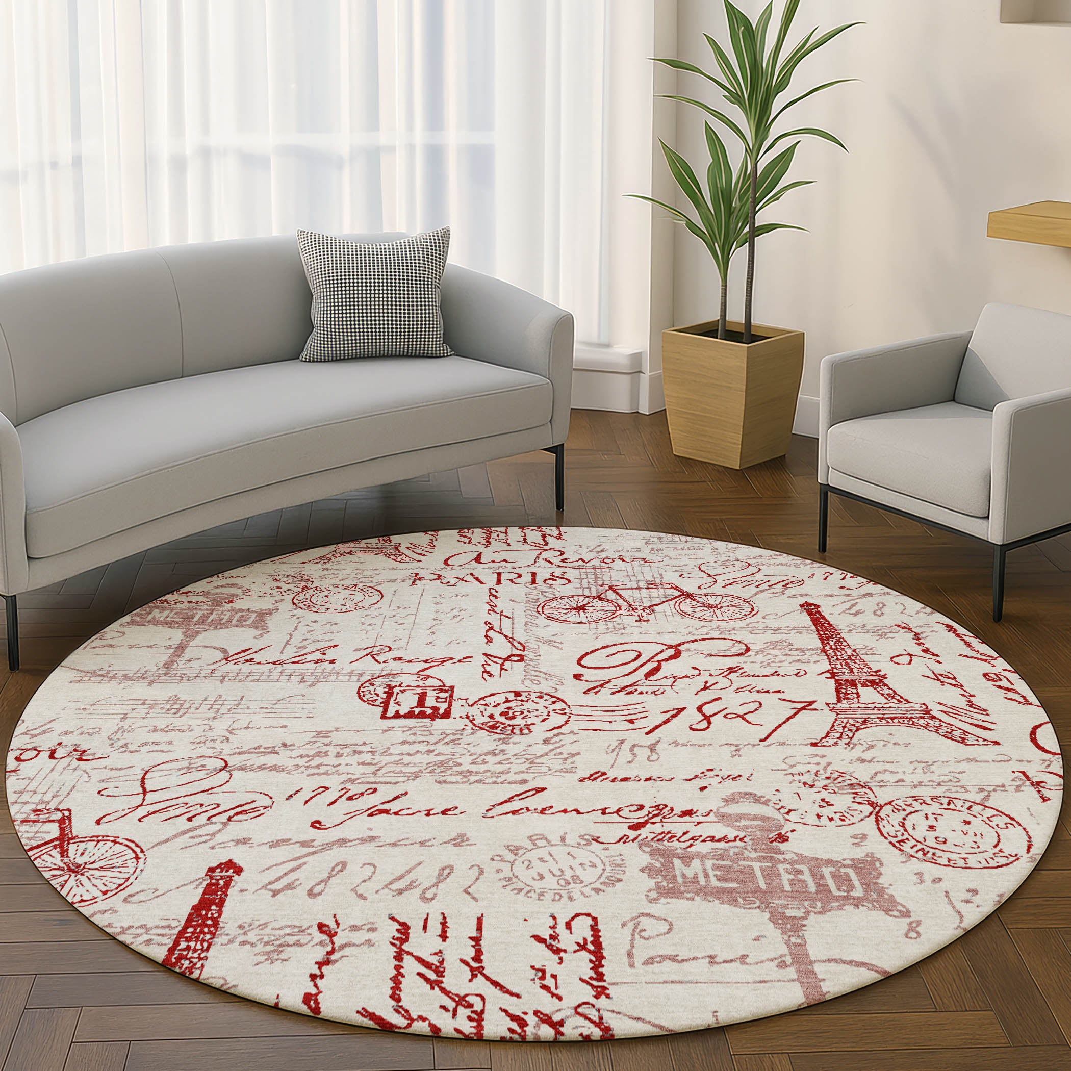 Seville Machine Washable Transitional Red Rug 8' x 8' #shape_Round