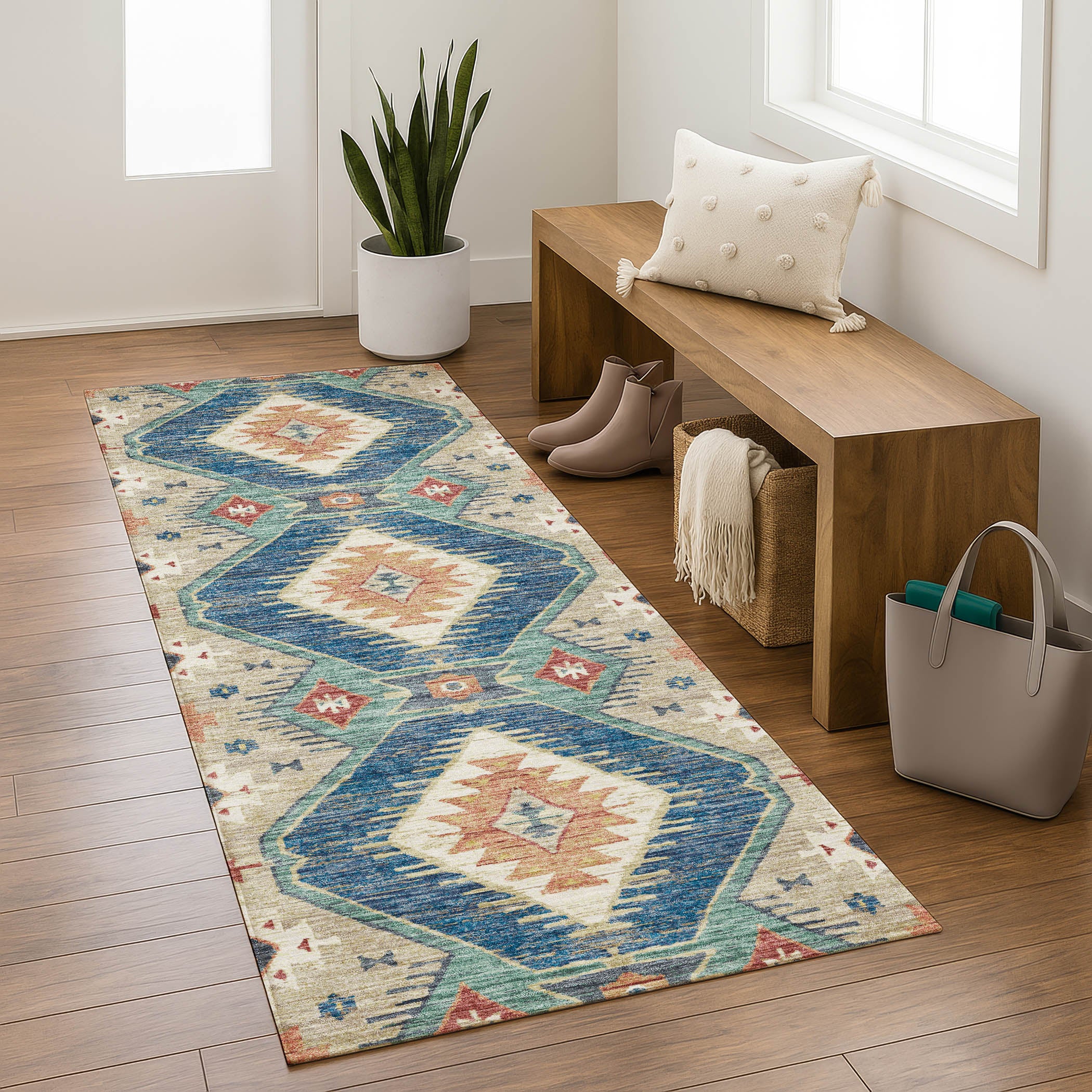 Oaxaca Machine Washable Transitional Navy Blue Rug 2'3" x 7'6" #shape_Runner