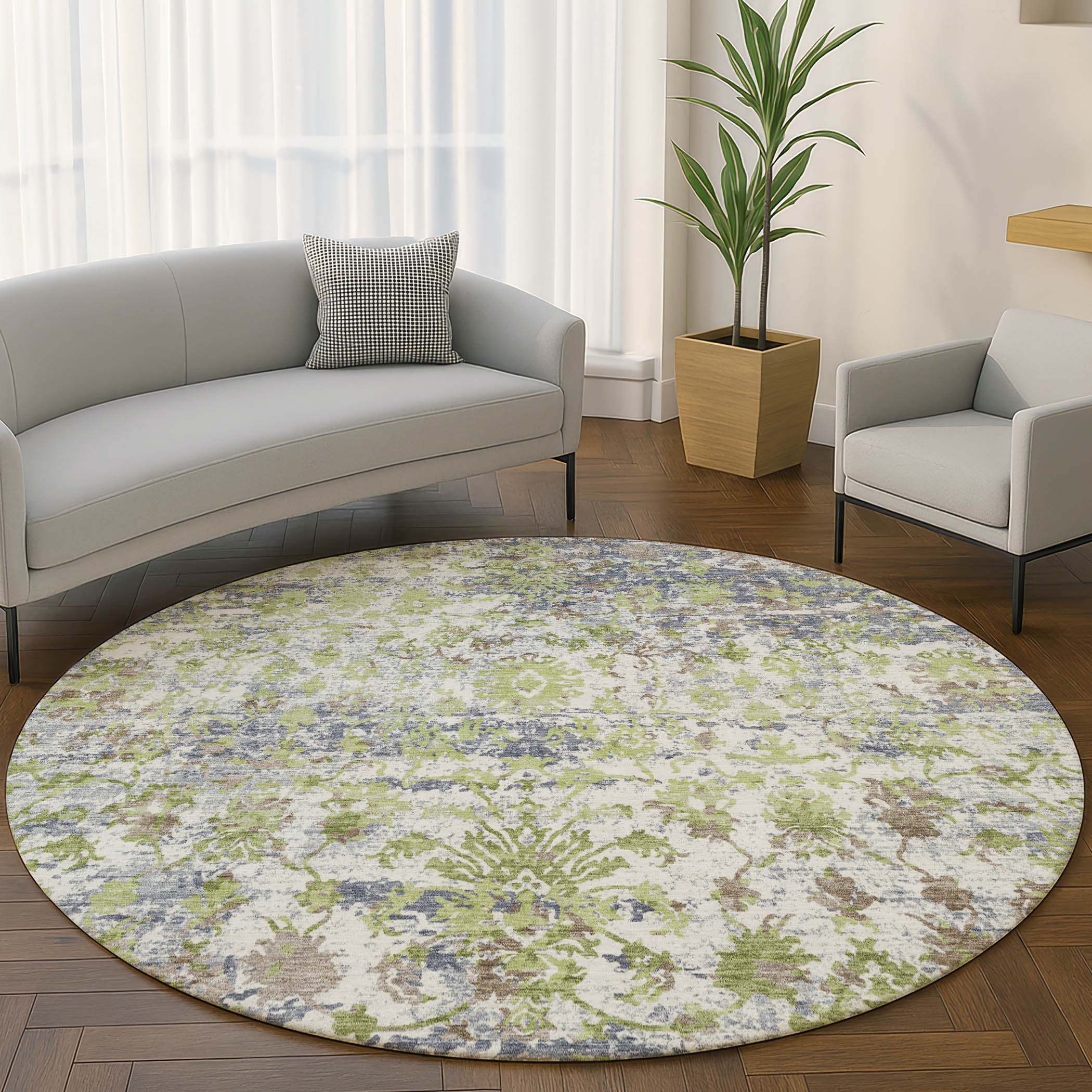Dubrovnik Machine Washable Transitional Aloe Green Rug 8' x 8' #shape_Round