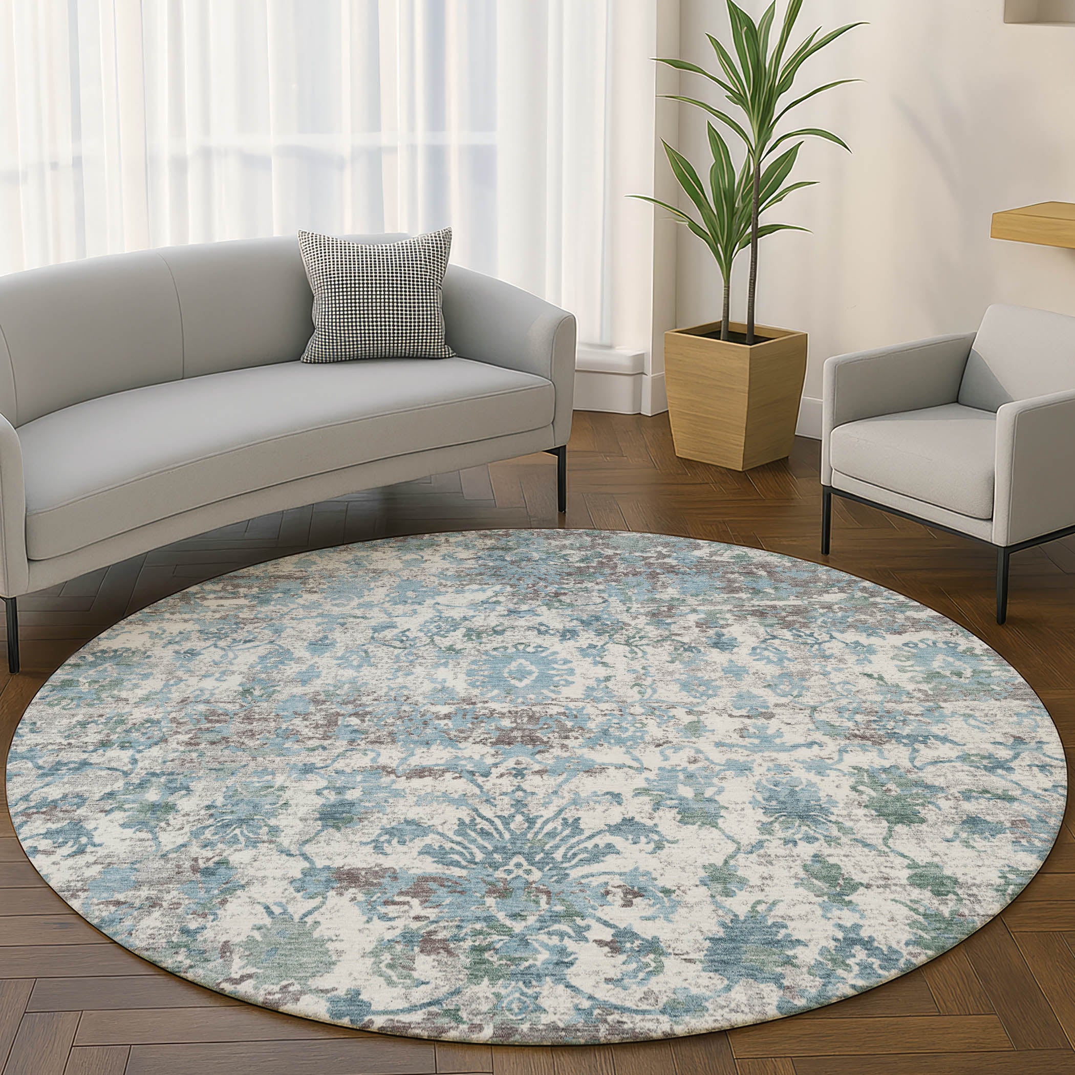 Dubrovnik Machine Washable Transitional Denim Blue Rug 8' x 8' #shape_Round