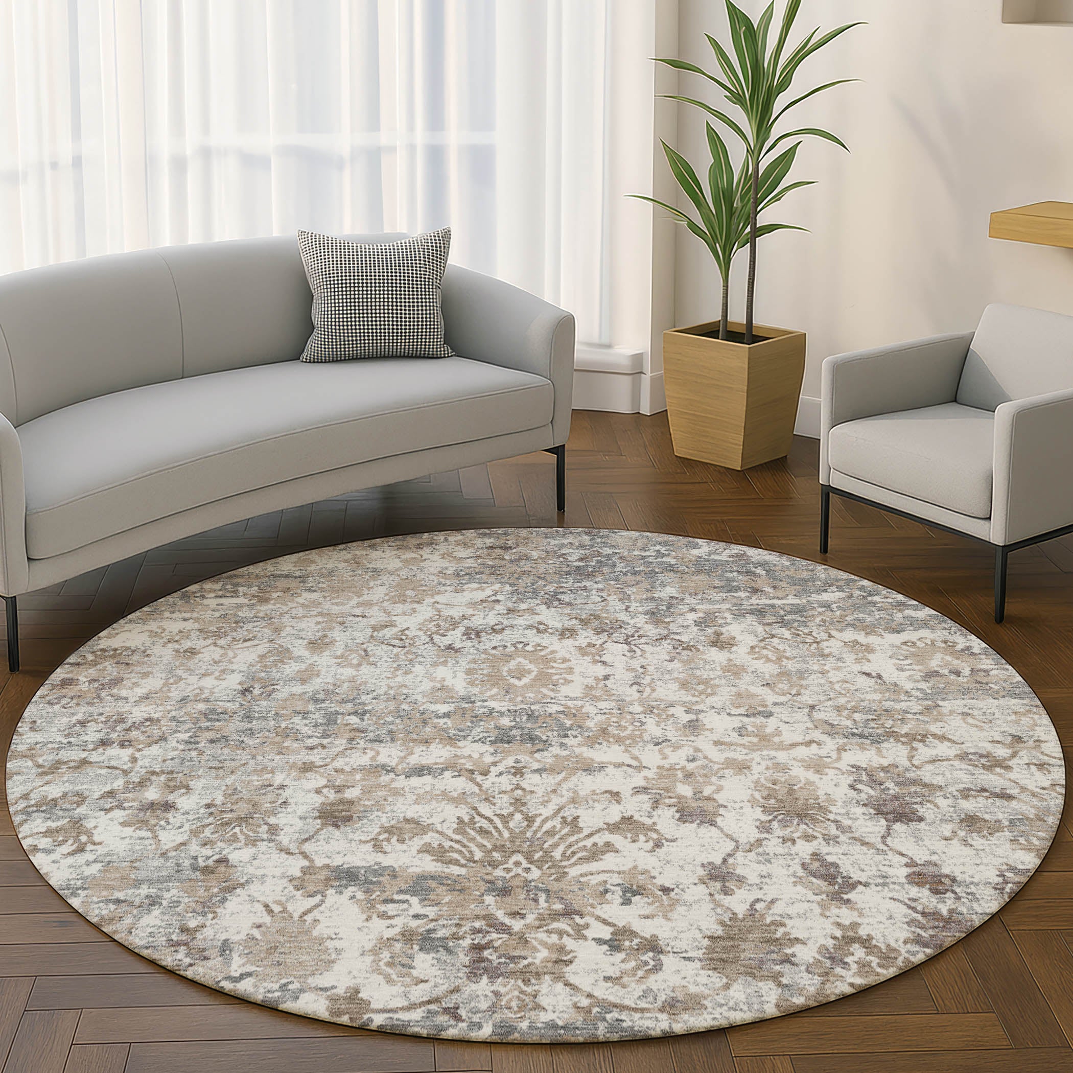 Dubrovnik Machine Washable Transitional Taupe Brown Rug 8' x 8' #shape_Round