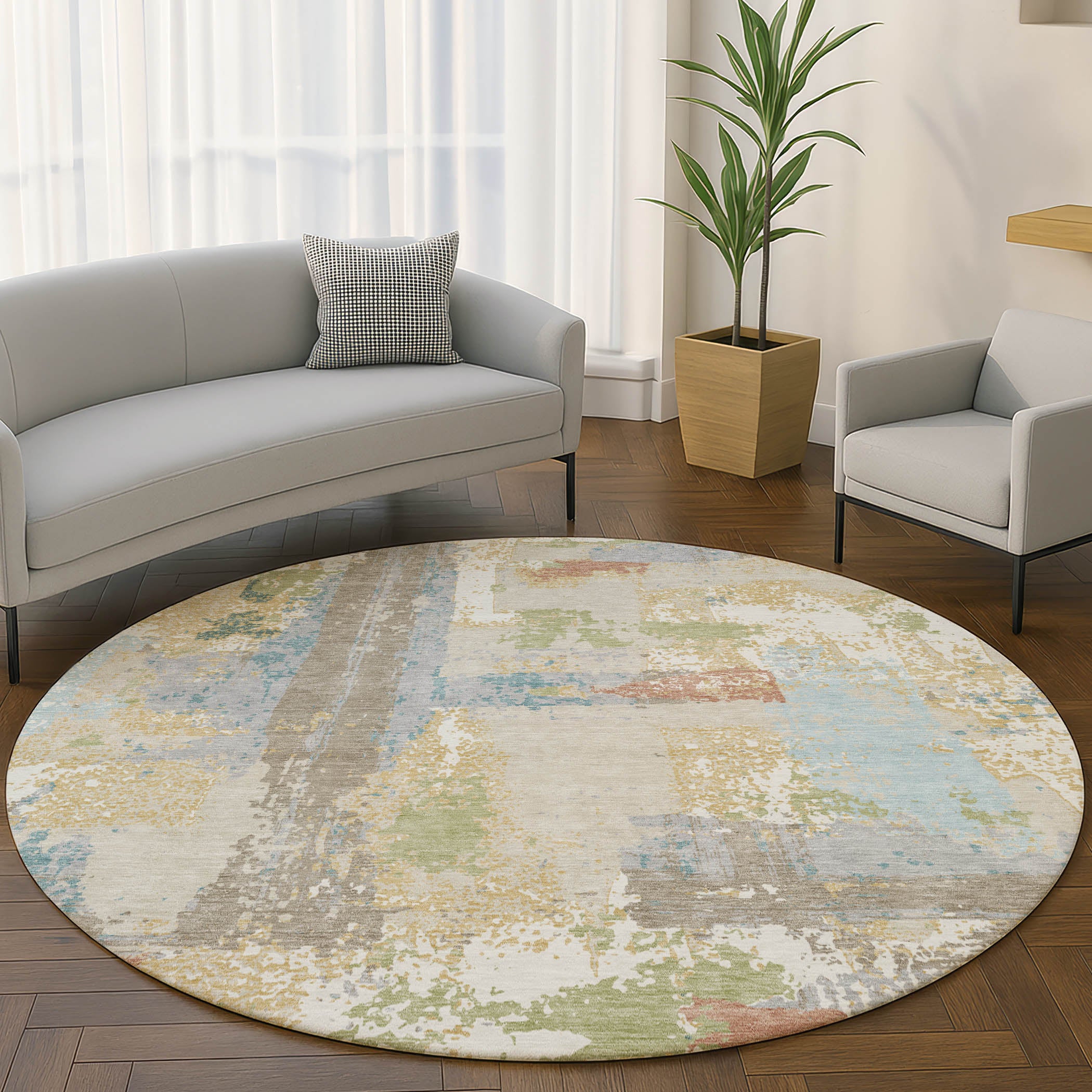 Seoul Machine Washable Transitional Beige Brown Rug 8' x 8' #shape_Round