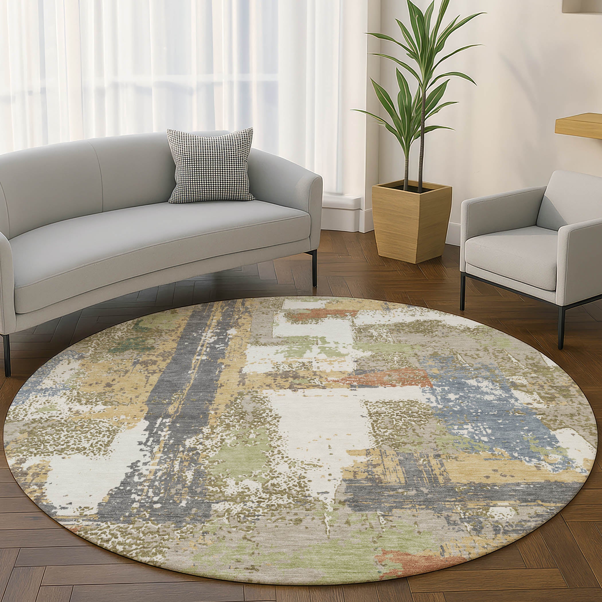 Seoul Machine Washable Transitional Ivory Rug 8' x 8' #shape_Round