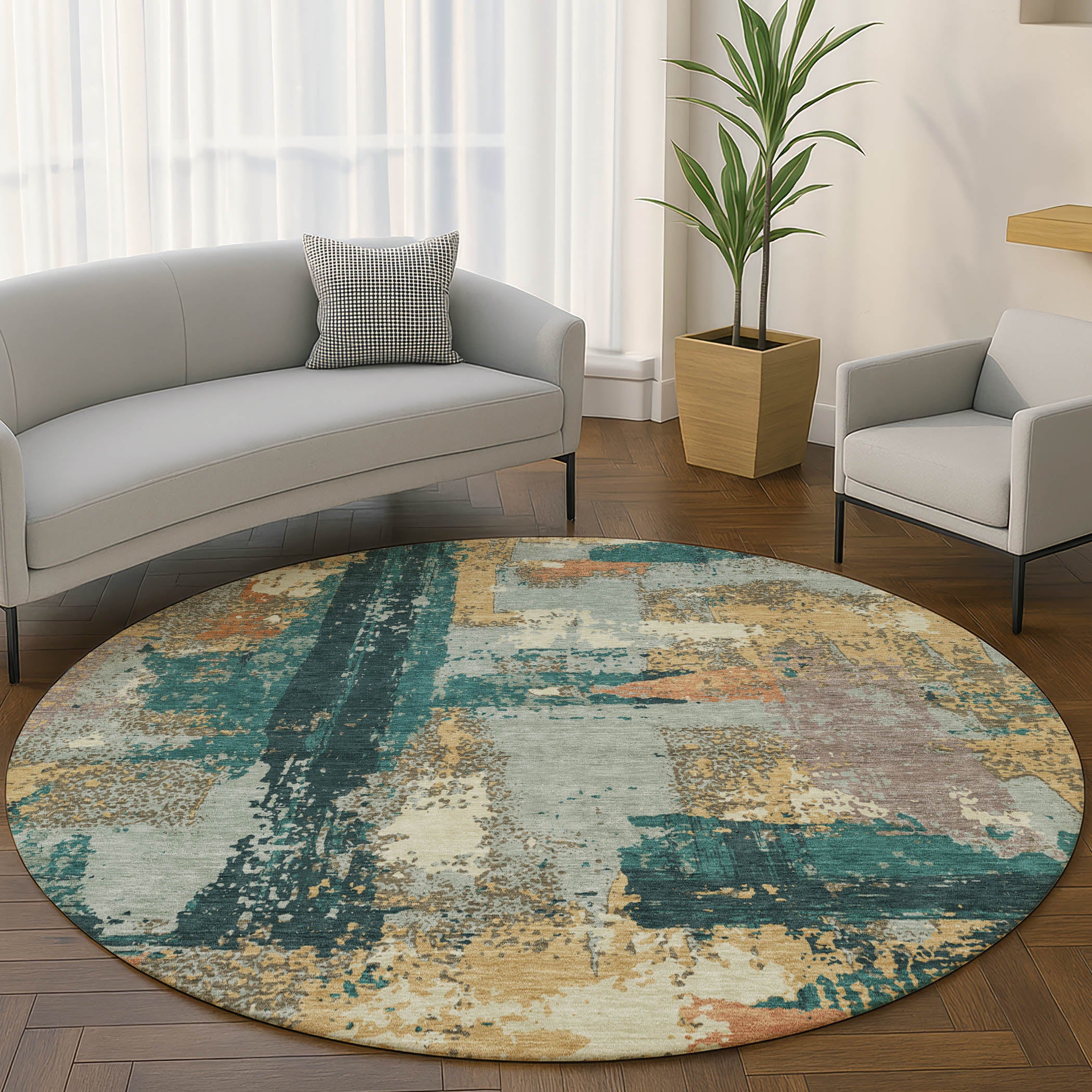 Seoul Machine Washable Transitional Seafoam Blue Rug 8' x 8' #shape_Round