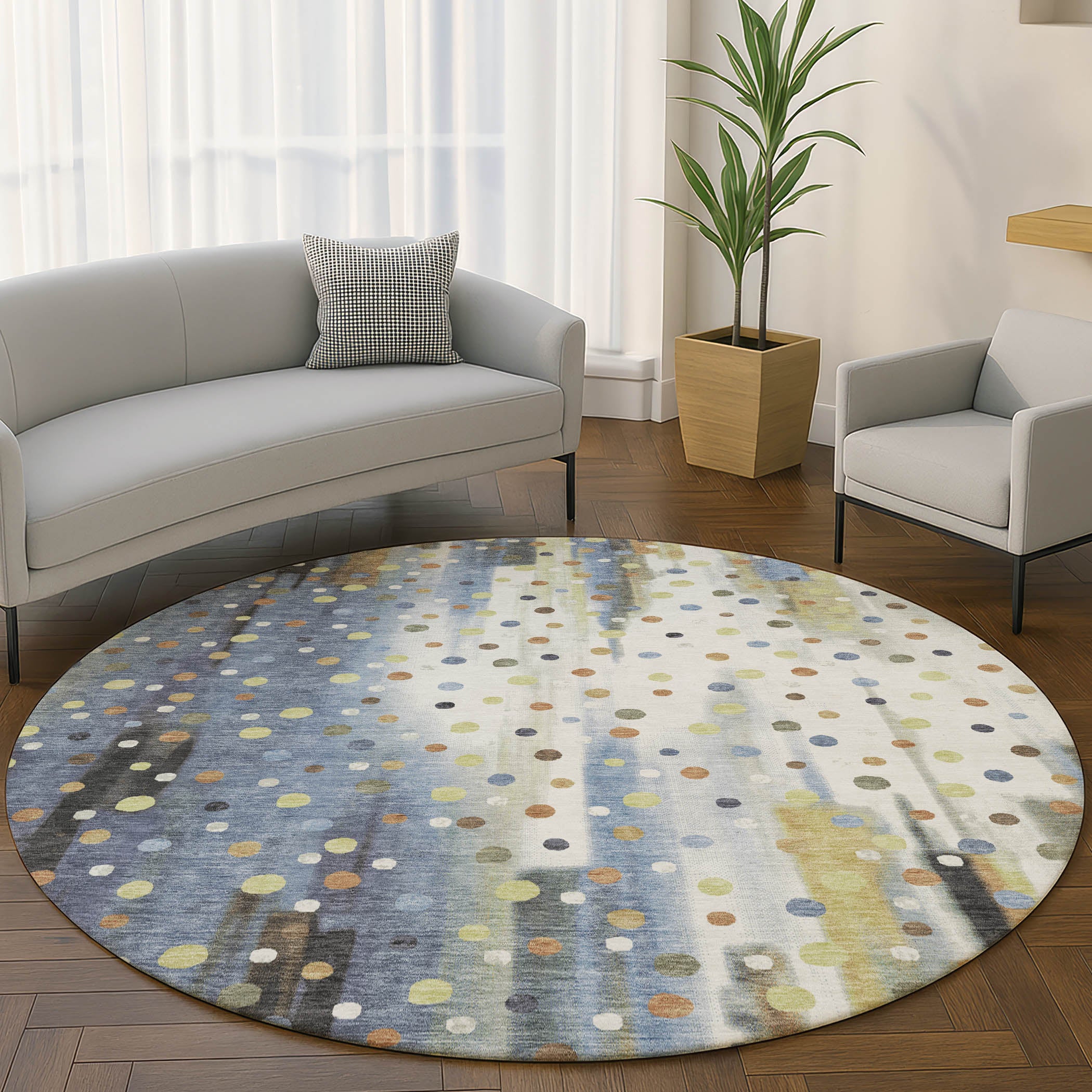 Seville Machine Washable Transitional Denim Blue Rug 8' x 8' #shape_Round