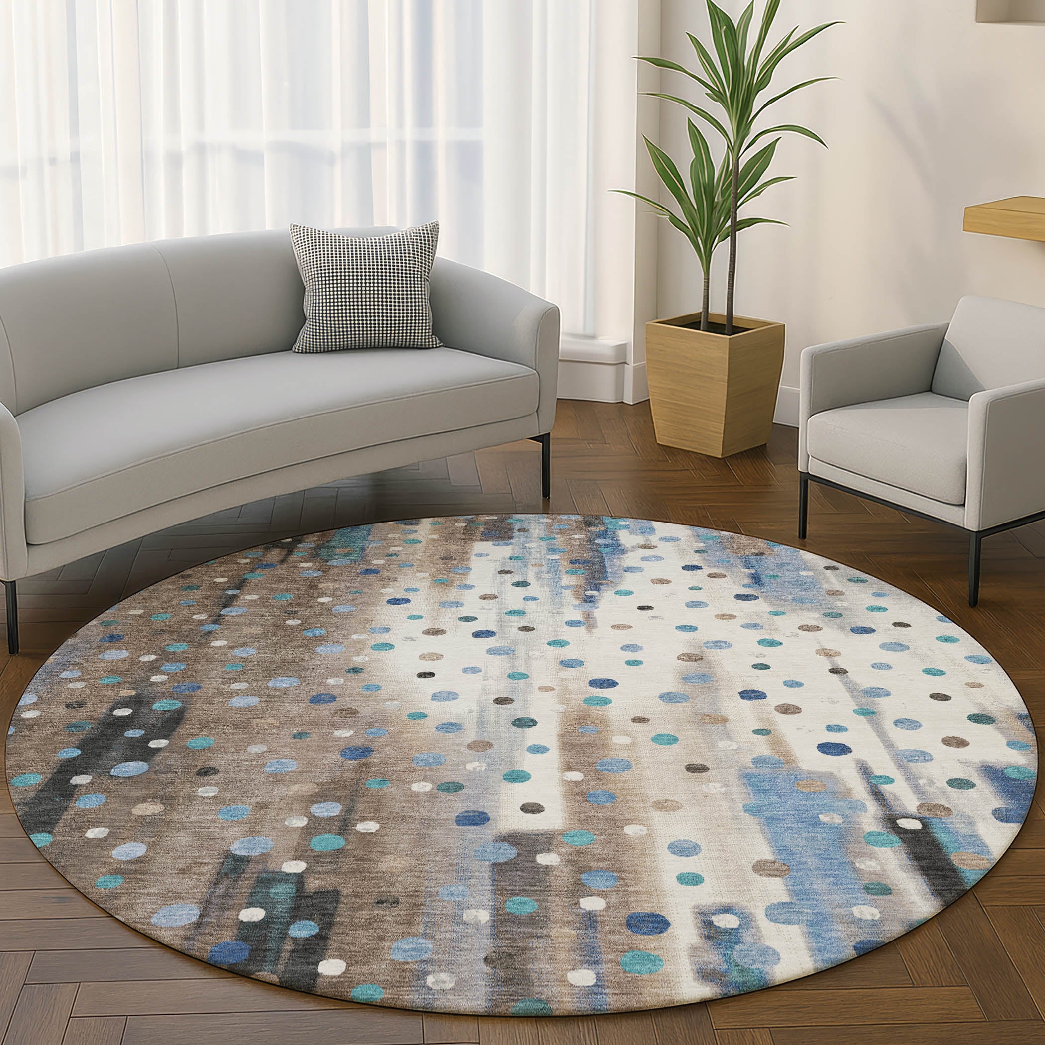 Seville Machine Washable Transitional Taupe Brown Rug 8' x 8' #shape_Round