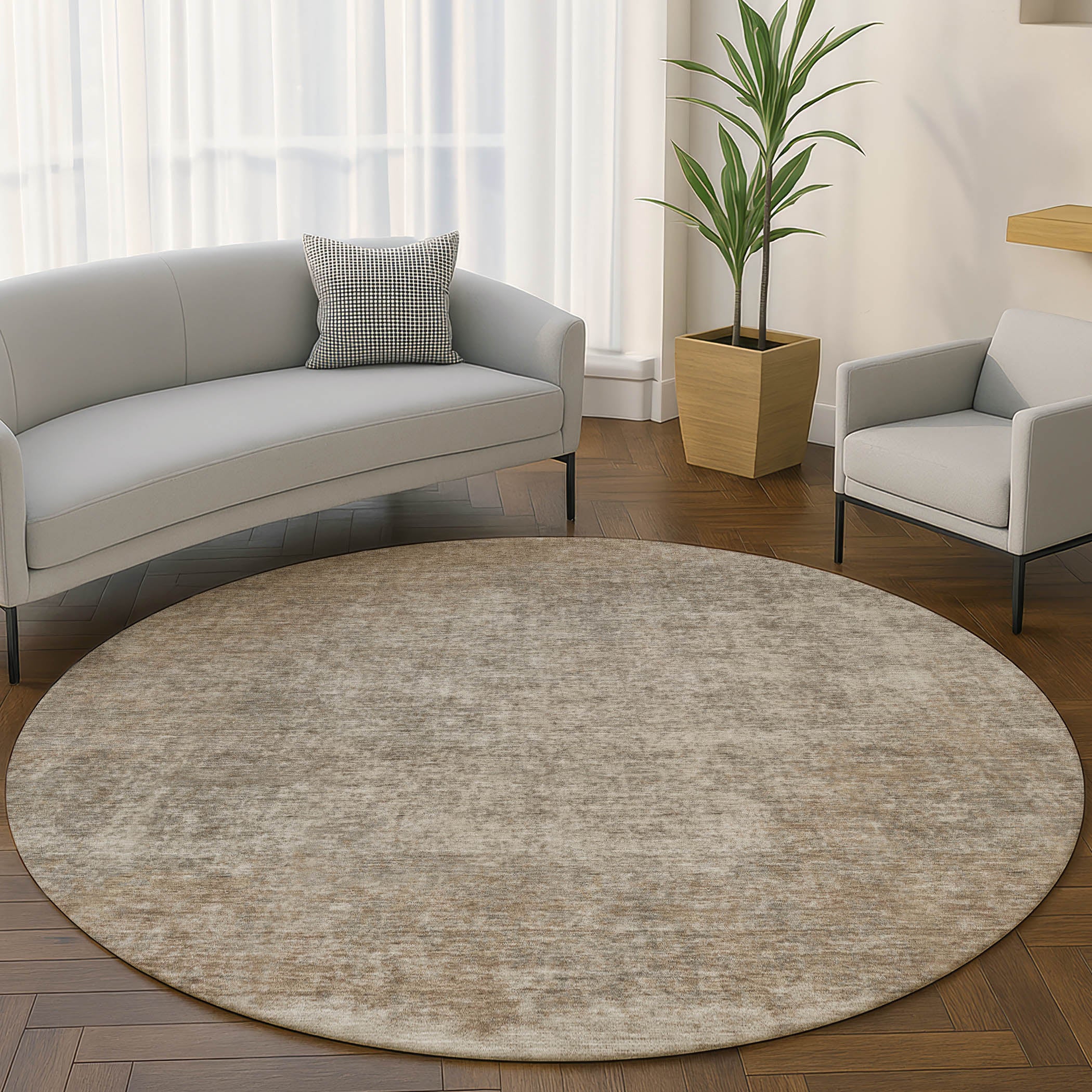 Luang Prabang Machine Washable Transitional Beige Brown Rug 8' x 8' #shape_Round
