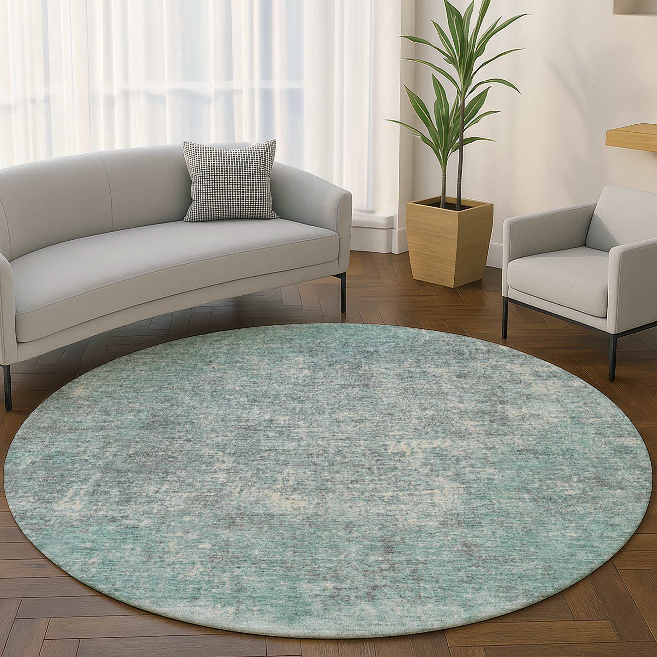 Luang Prabang Machine Washable Transitional Teal Rug 8' x 8' #shape_Round