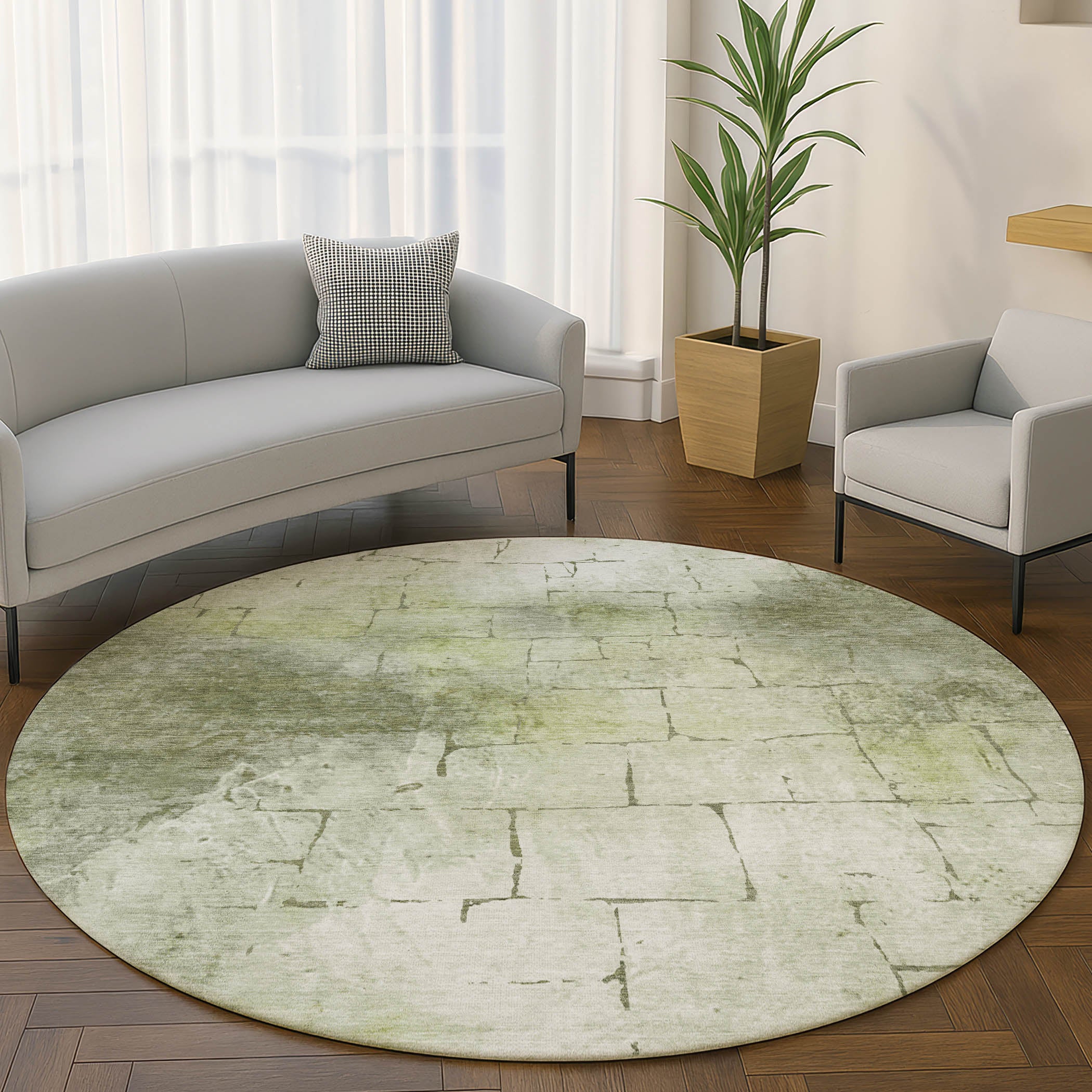 Queenstown Machine Washable Transitional Aloe Green Rug 8' x 8' #shape_Round