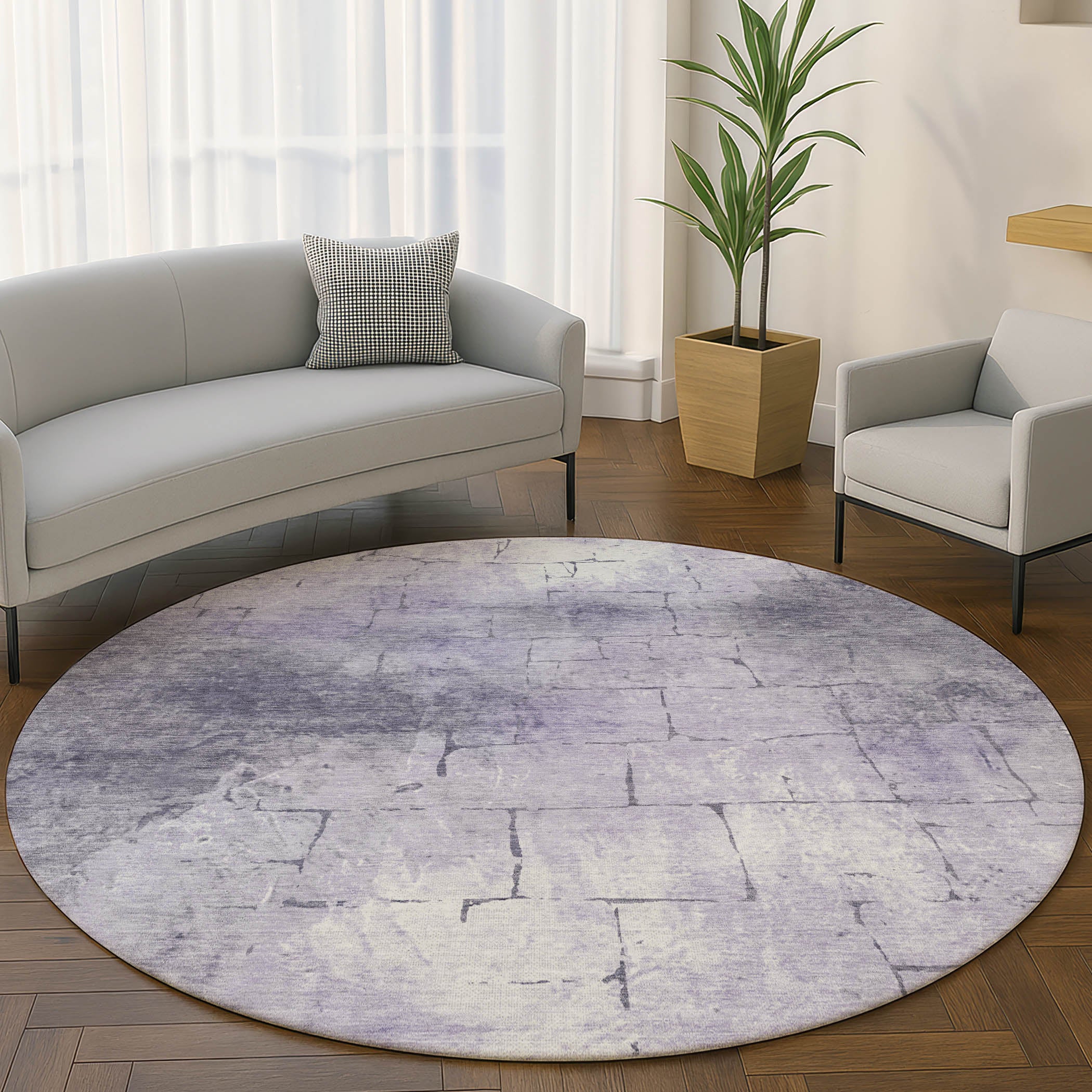 Queenstown Machine Washable Transitional Lavender Purple Rug 8' x 8' #shape_Round