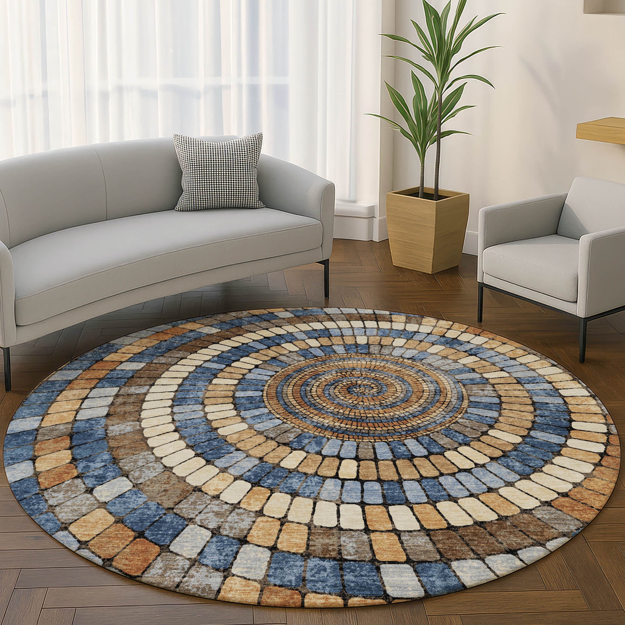 Siena Machine Washable Transitional Denim Blue Rug 8' x 8' #shape_Round