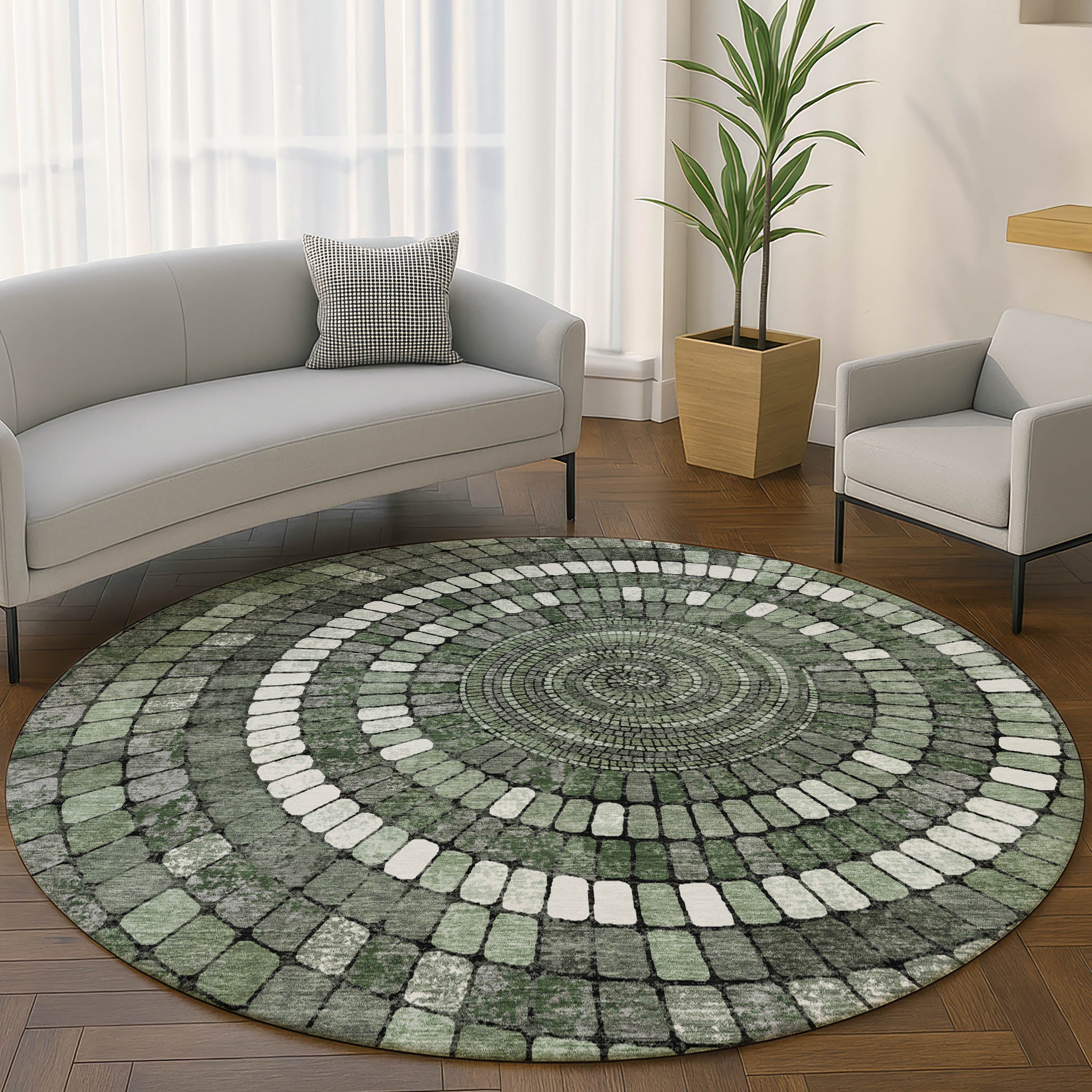 Siena Machine Washable Transitional Sage Green Rug 8' x 8' #shape_Round