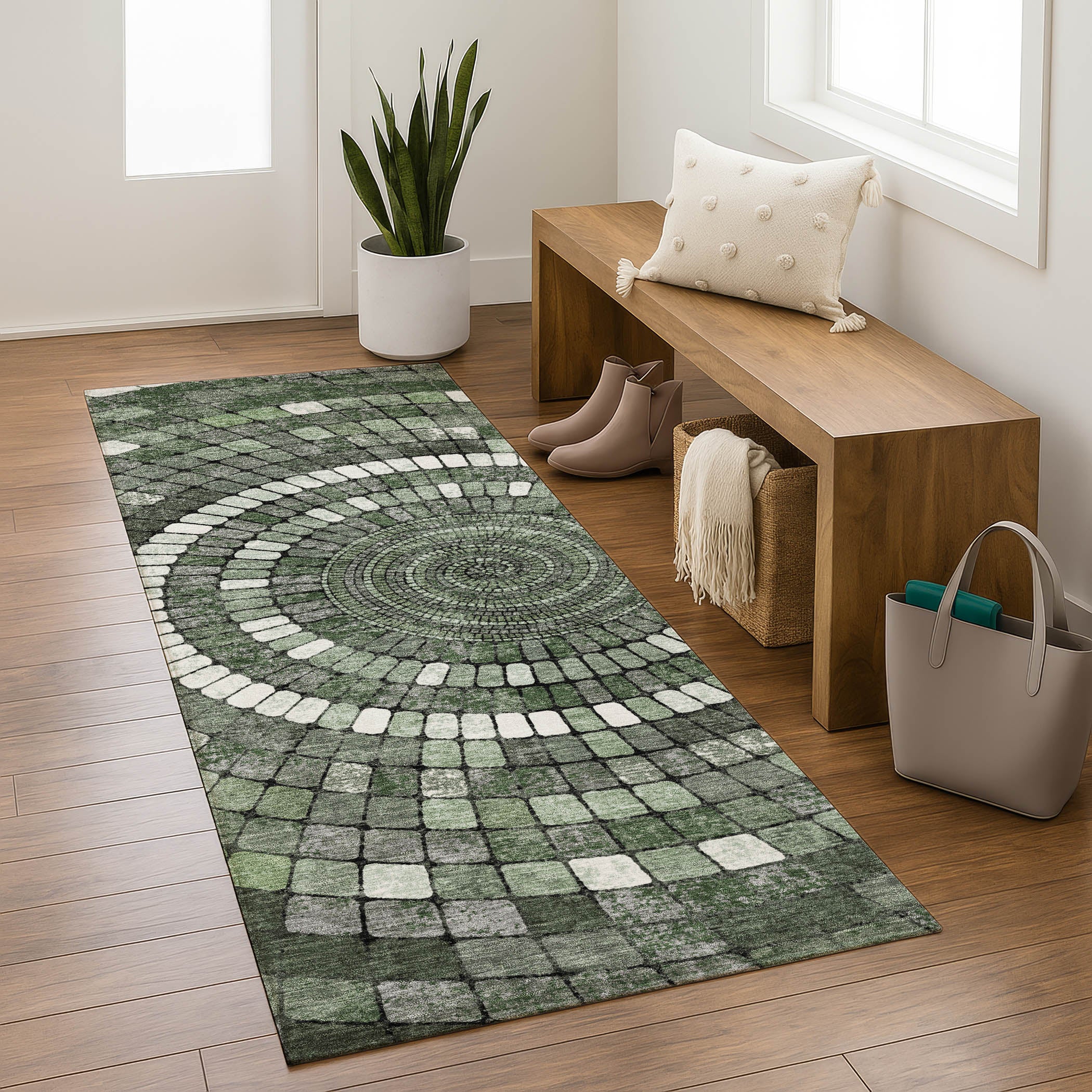 Siena Machine Washable Transitional Sage Green Rug 2'3" x 7'6" #shape_Runner