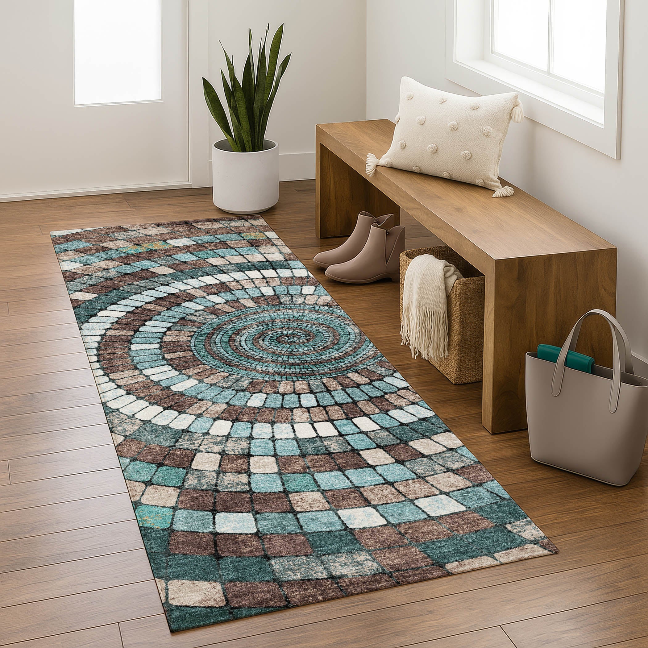 Siena Machine Washable Transitional Teal Rug 2'3" x 7'6" #shape_Runner