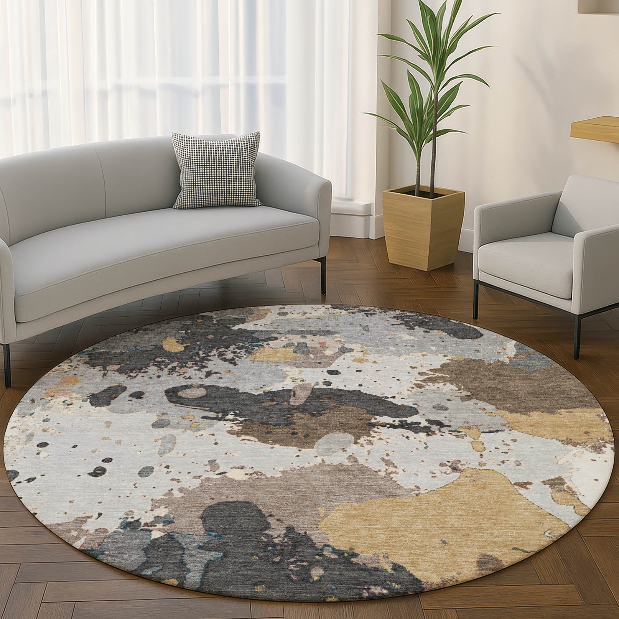 Marrakech Machine Washable Transitional Gray Rug 8' x 8' #shape_Round