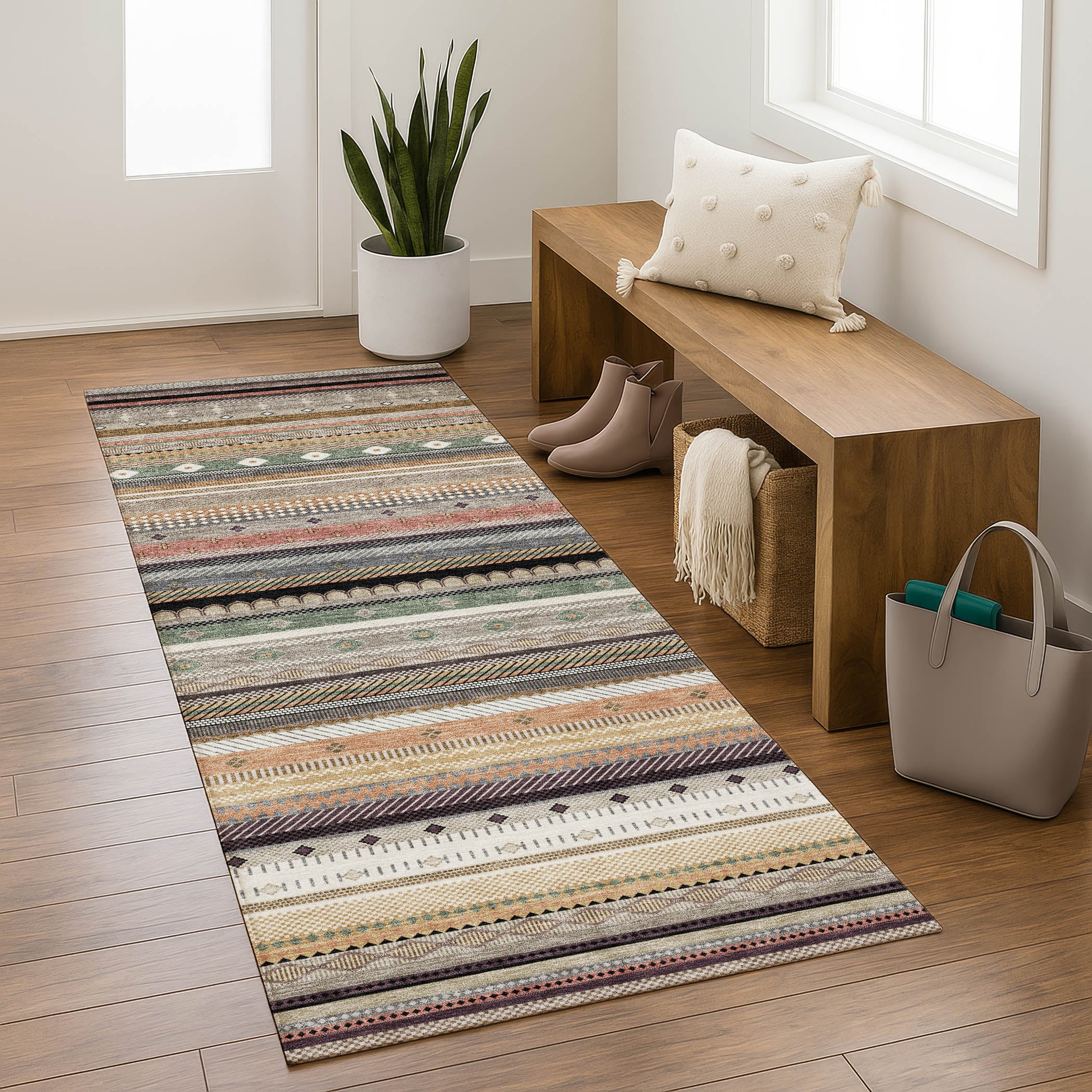 Lisbon Machine Washable Transitional Khaki Brown Rug 2'3" x 7'6" #shape_Runner