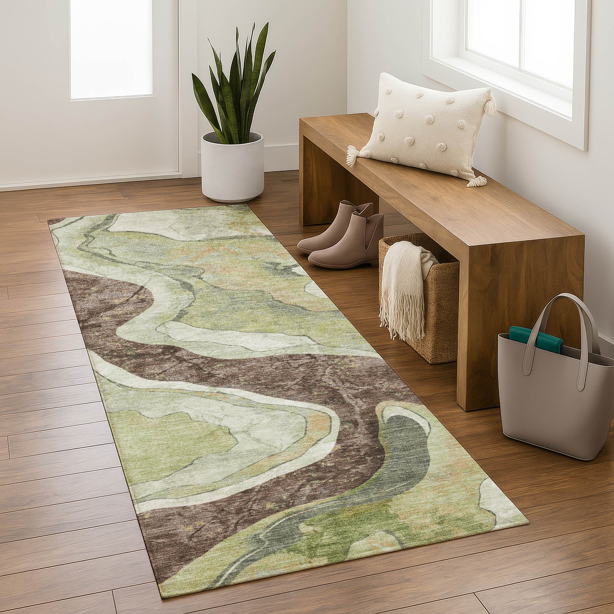 Split Machine Washable Transitional Aloe Green Rug 2'3" x 7'6" #shape_Runner