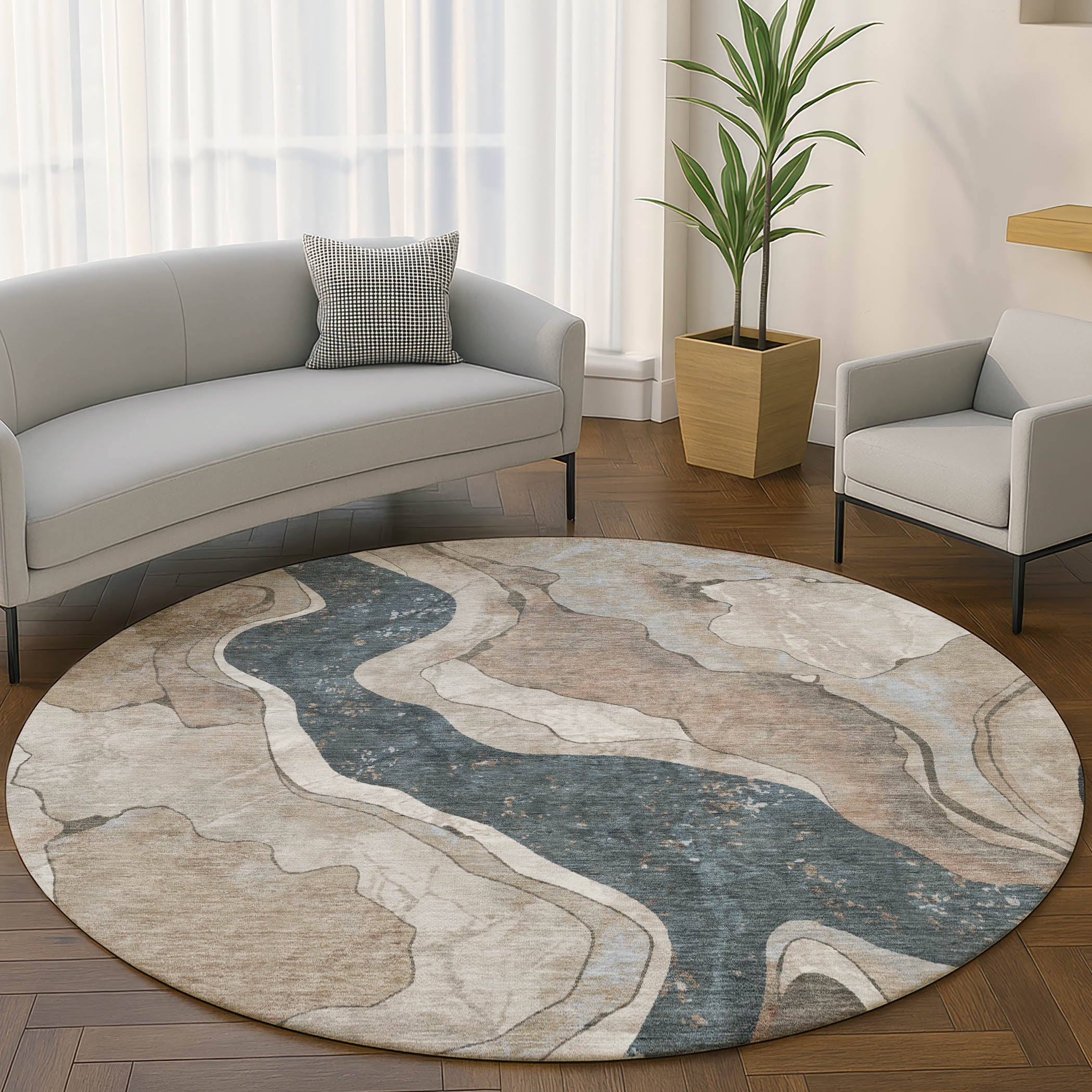 Split Machine Washable Transitional Beige Brown Rug 8' x 8' #shape_Round
