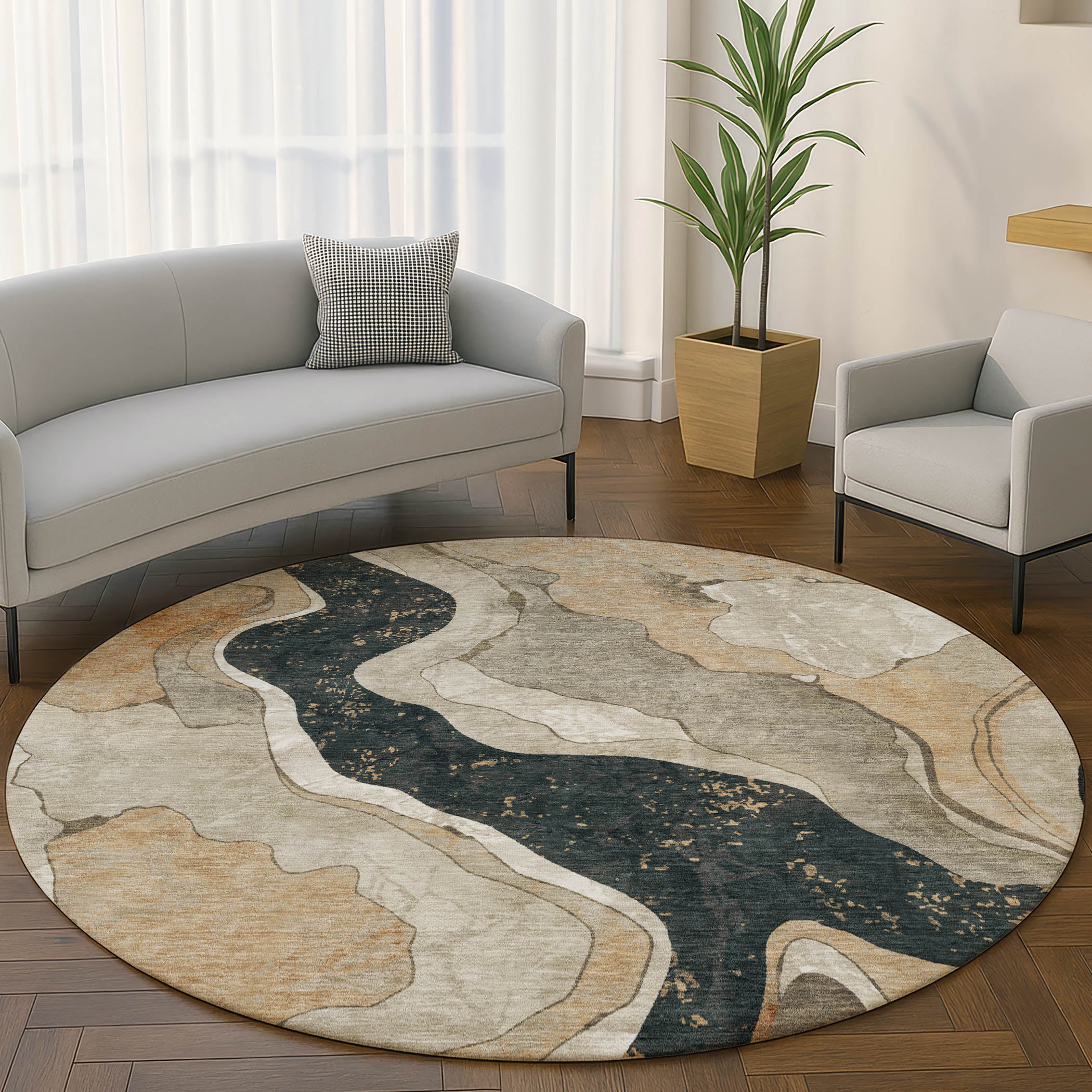 Split Machine Washable Transitional Putty Ivory Rug 8' x 8' #shape_Round