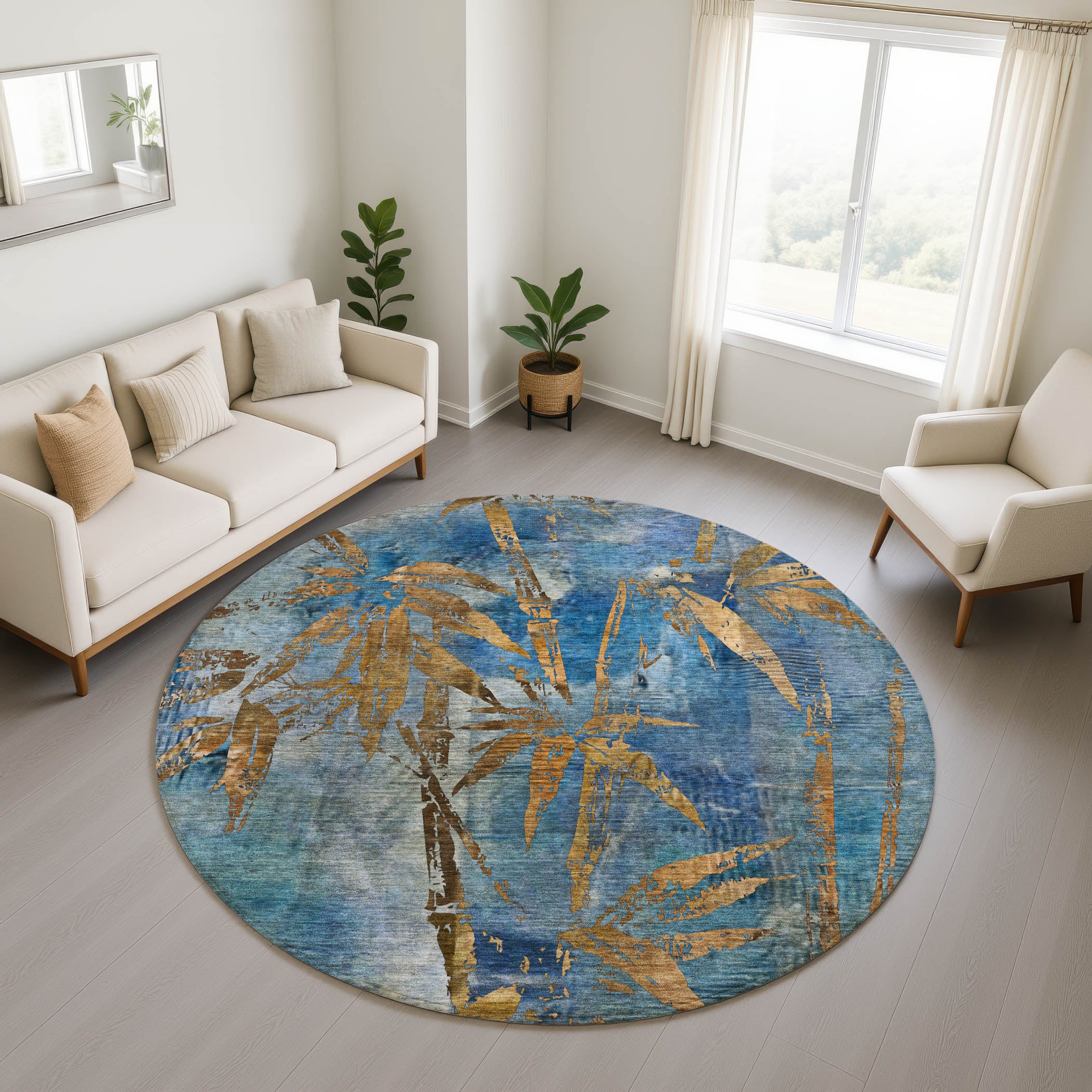 Vienna Machine Washable Transitional Blue Rug 8' x 8' #shape_Round