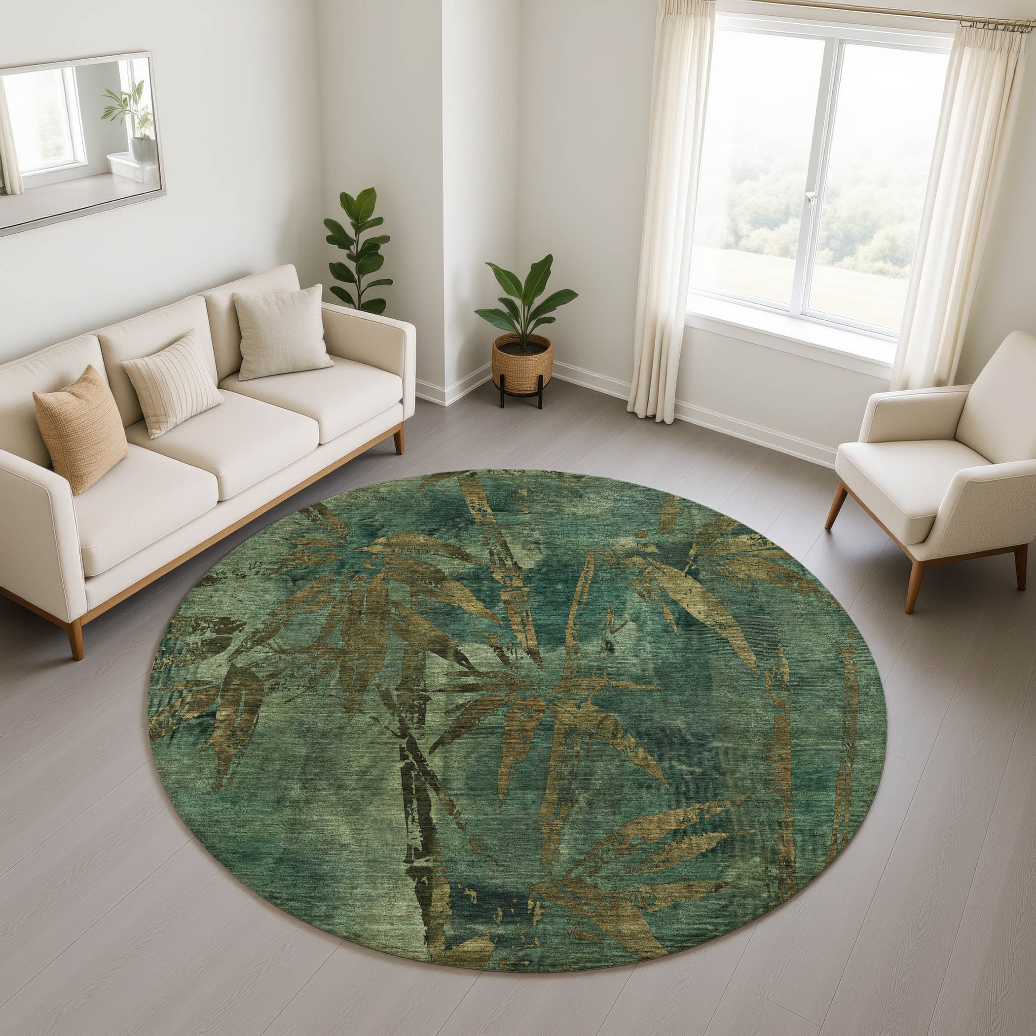 Vienna Machine Washable Transitional Green Rug 8' x 8' #shape_Round