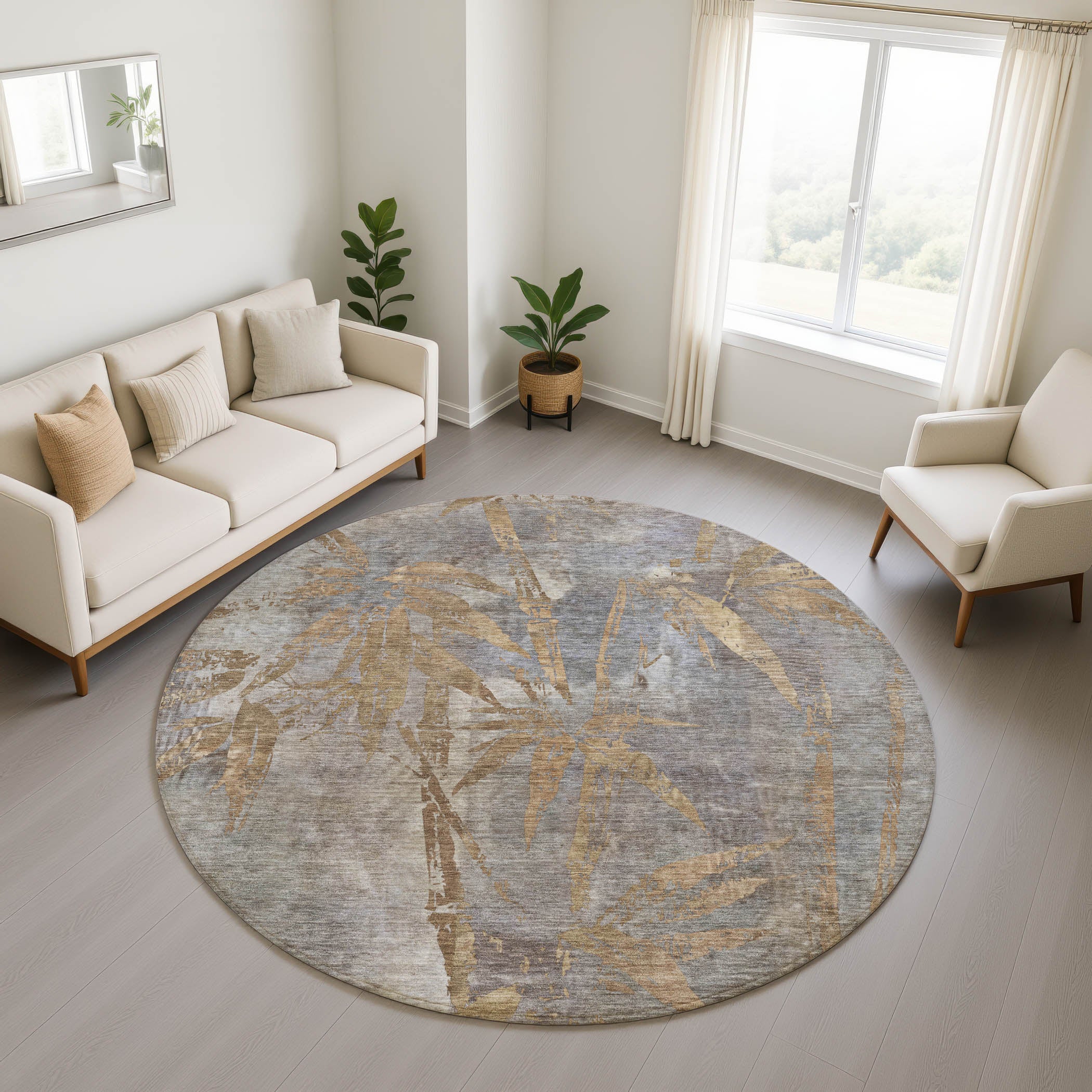 Vienna Machine Washable Transitional Khaki Brown Rug 8' x 8' #shape_Round