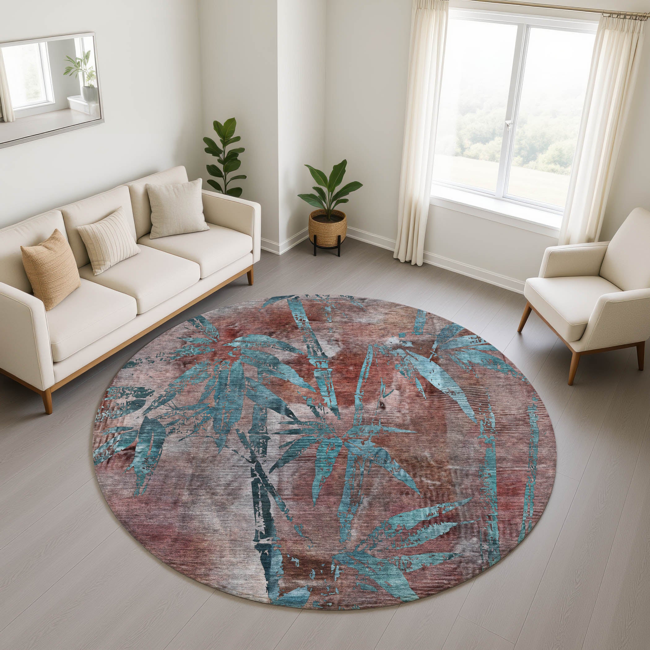 Vienna Machine Washable Transitional Terracotta Orange Rug 8' x 8' #shape_Round