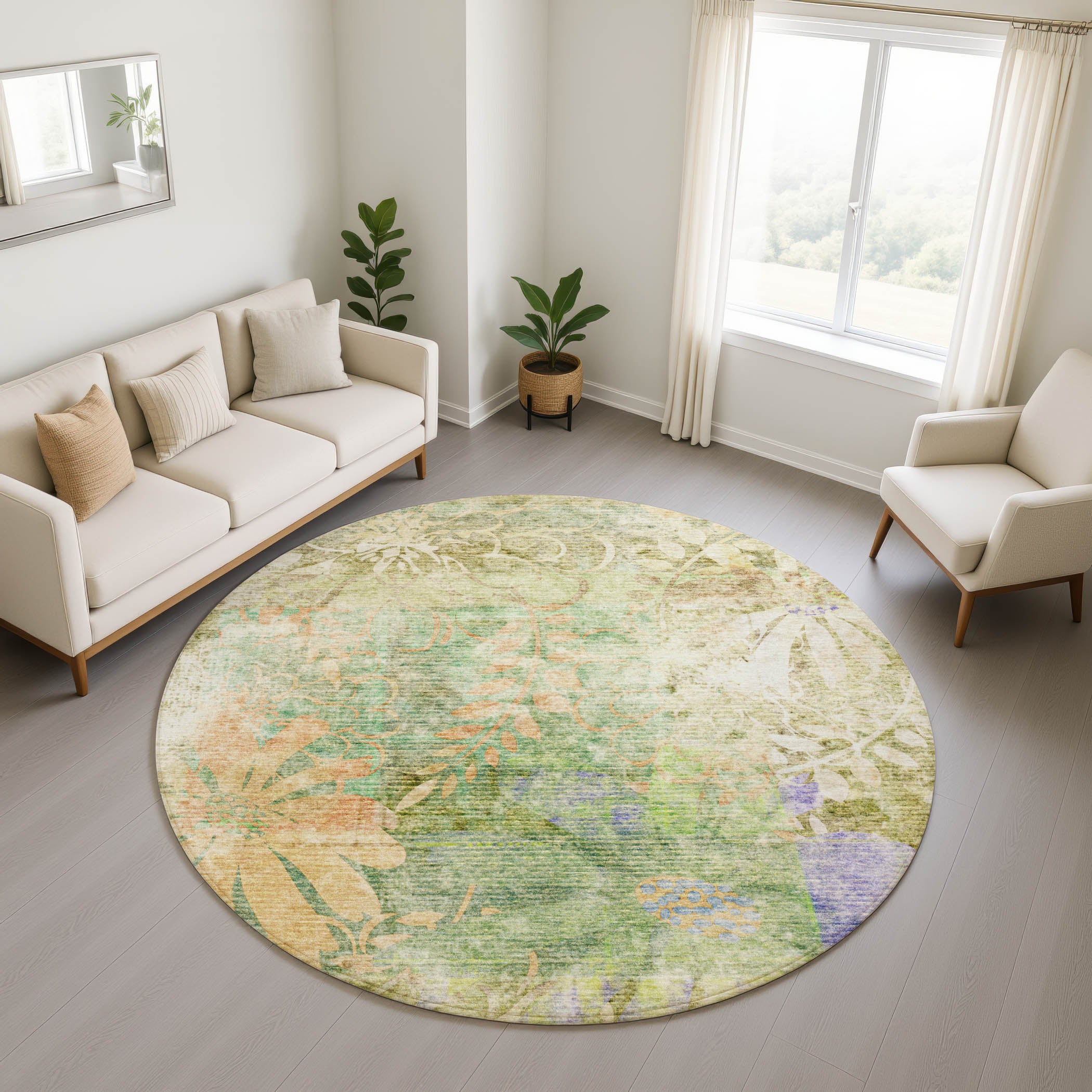 Lisbon Machine Washable Transitional Green Rug 8' x 8' #shape_Round