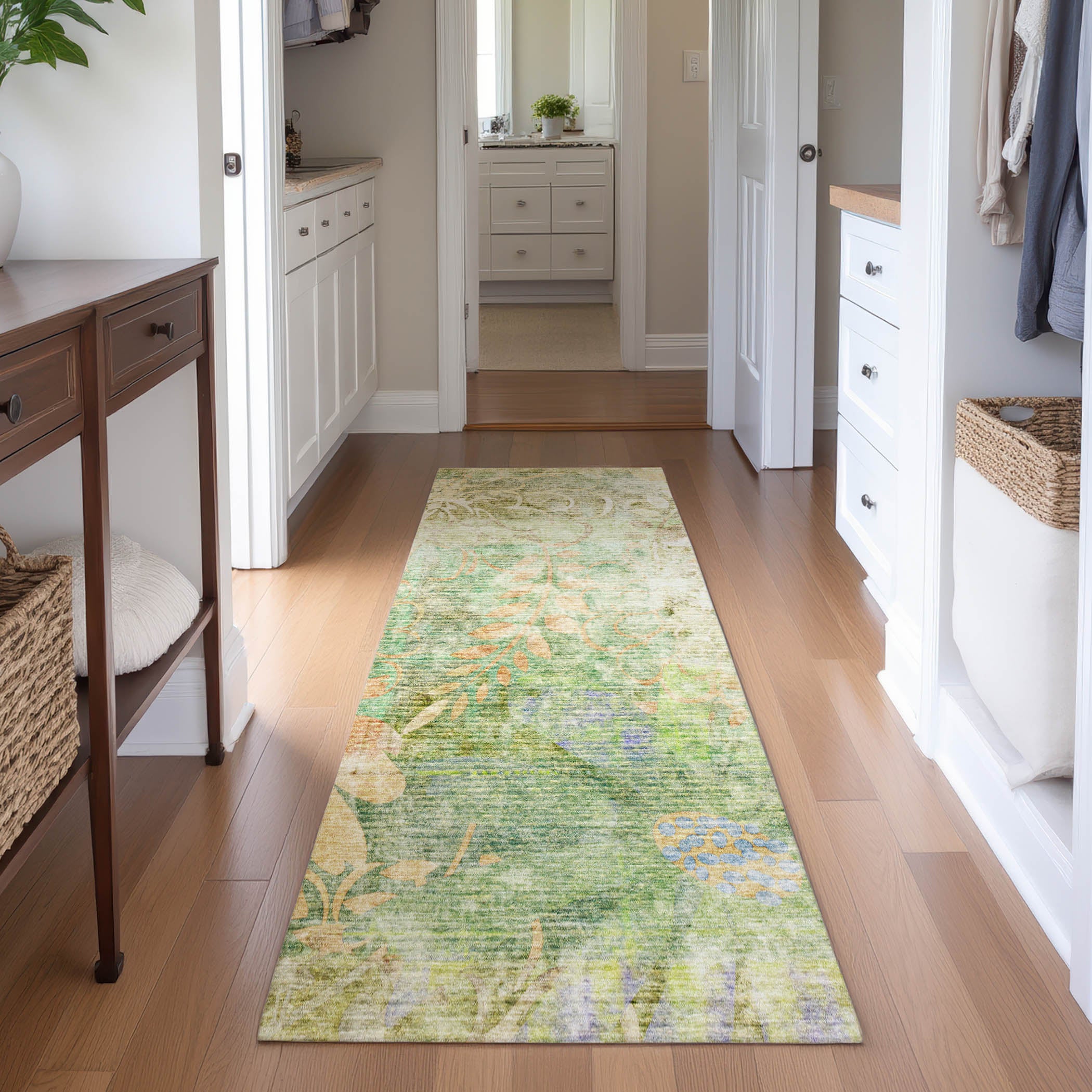 Lisbon Machine Washable Transitional Green Rug 2'3" x 7'6" #shape_Runner