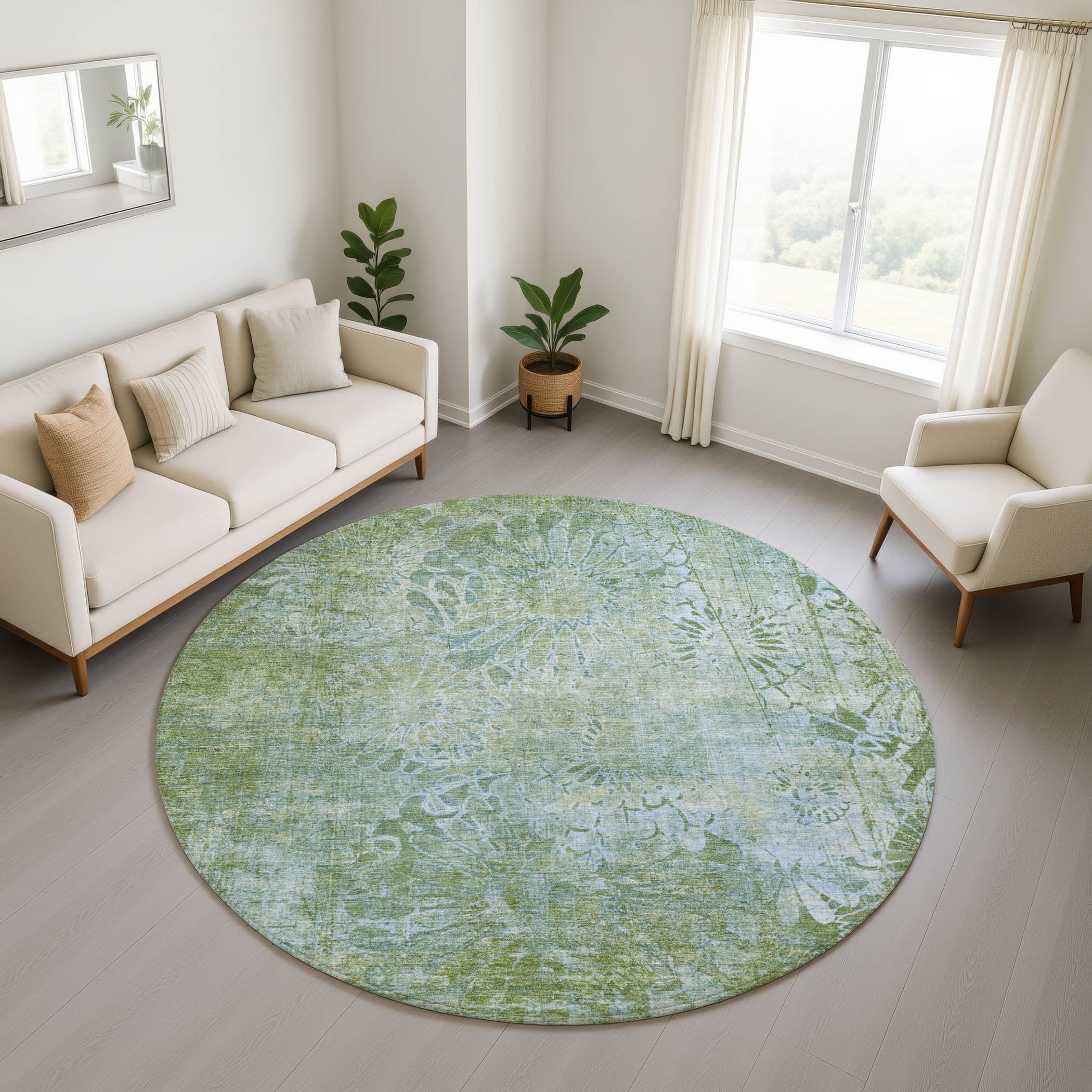 Hoi An Machine Washable Transitional Aloe Green Rug 8' x 8' #shape_Round